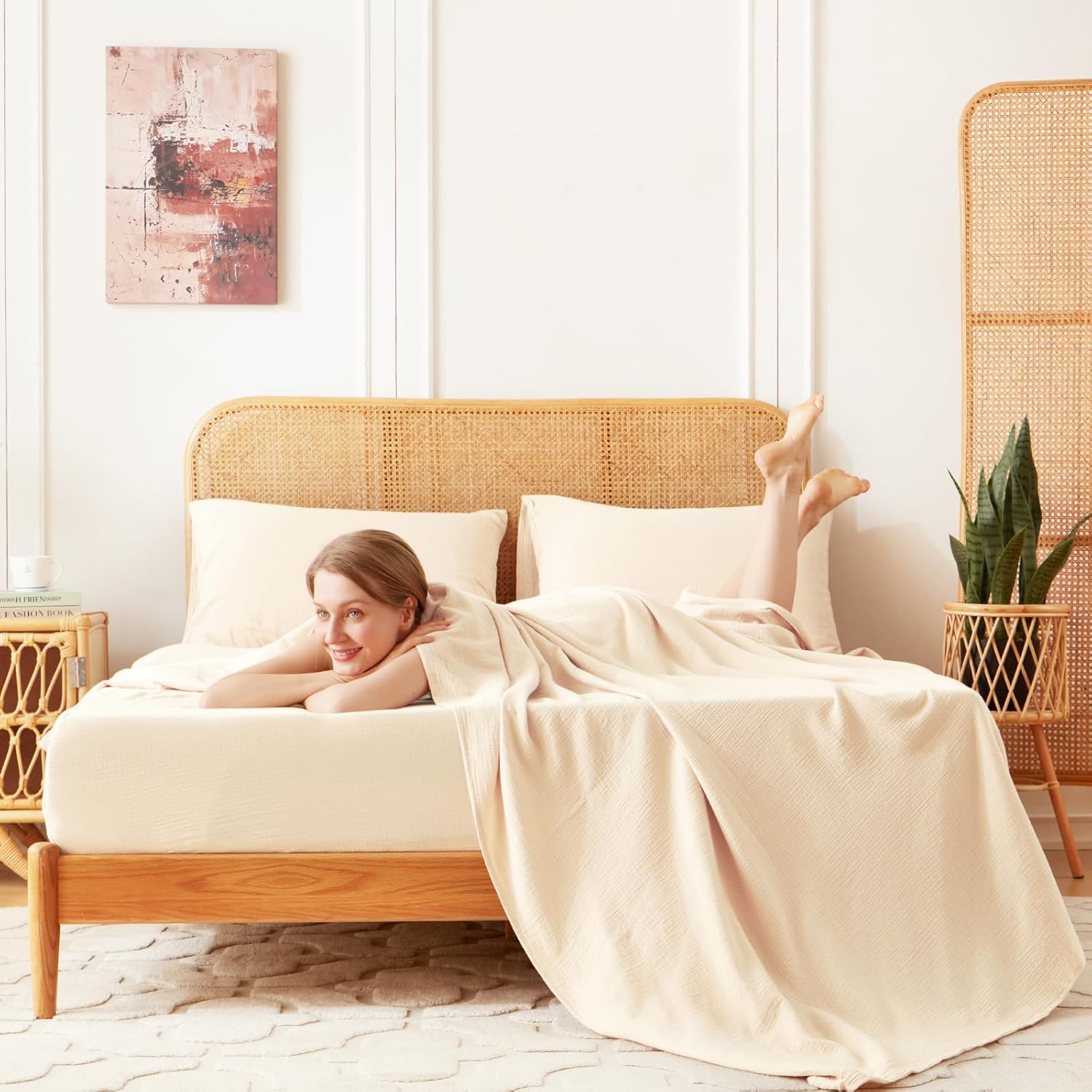 Queen Sheet Set 100% Cotton Bed Sheets Linen Like Textured 4 Pcs Beige Fall 16" Deep Pocket Sheet & Pillowcase Boho Muslin Breathable Soft Queen Sheets Easy Care - Image 8