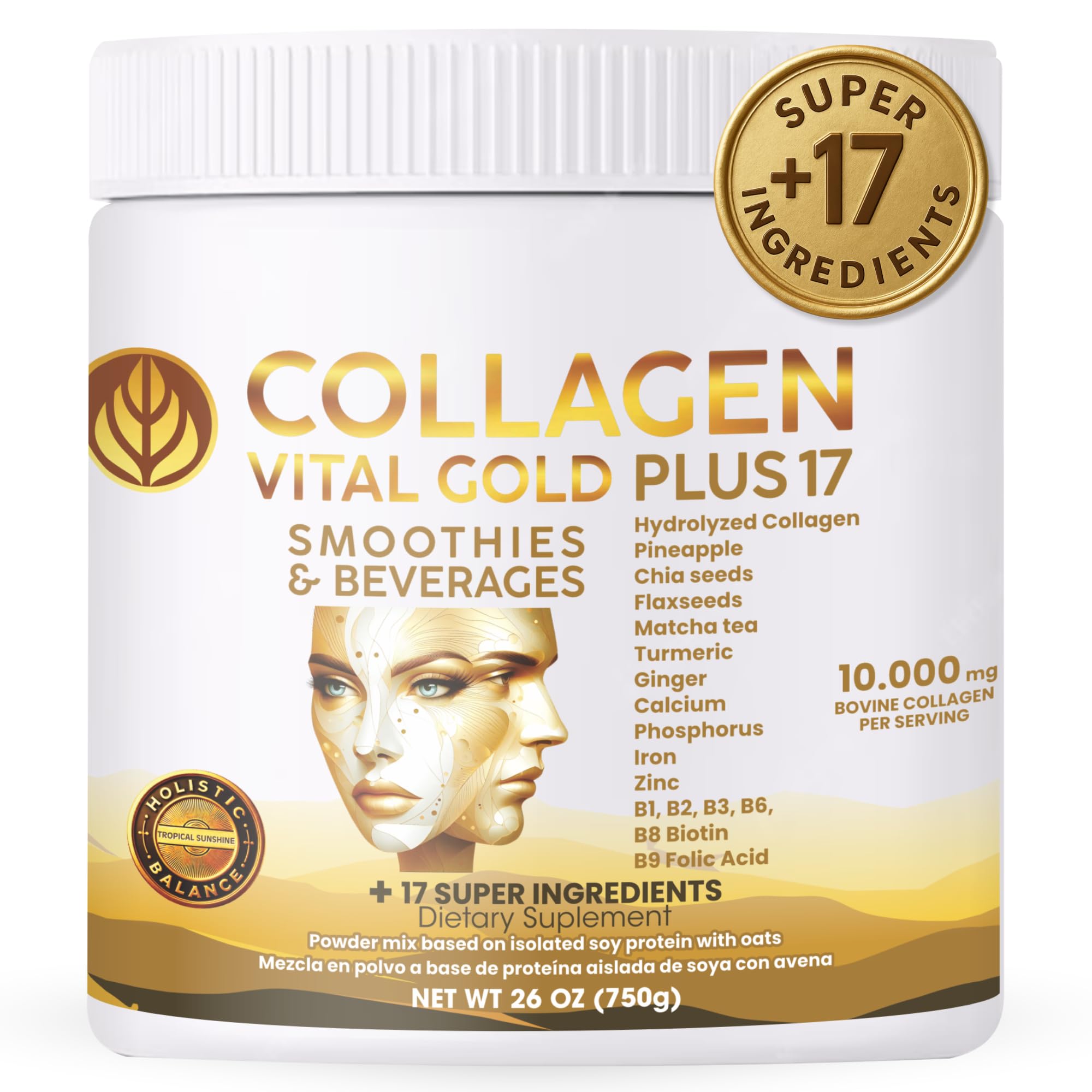Vital Life, Collagen Peptides Powder – Hydrolyzed Collagen with an All-in-one Formula & 17 Super Ingredients, Pineapple Flavor, 26 oz, Supports Hair, Skin, Nails, Bones & Joint Health for Women & Men.