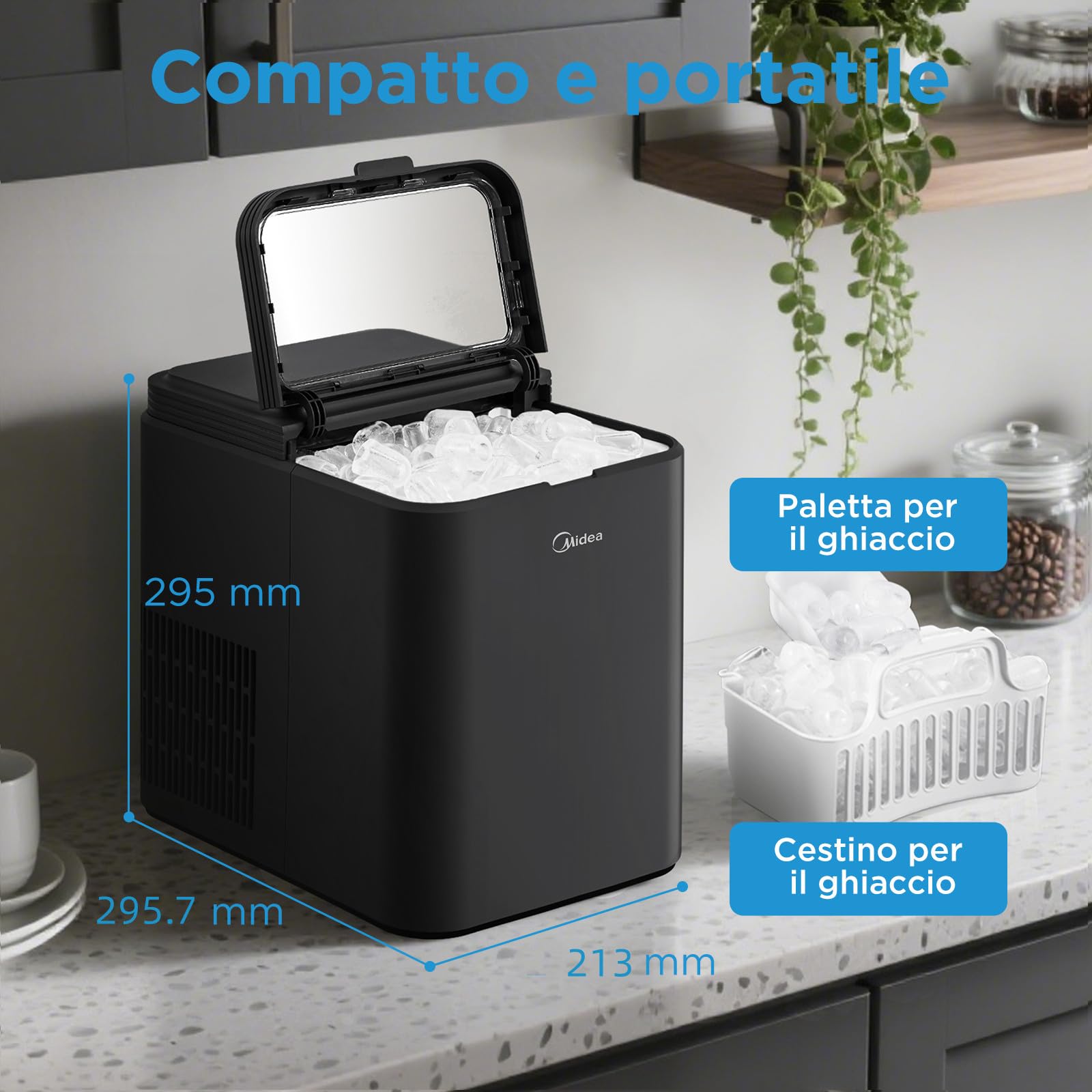 Midea MERI12BG30EU Macchina Ghiaccio 12kg/24h, 8 Cubetti in 6min, Nero | Autopulente, 2 Dimensioni Cubetti, Paletta e Cestello Inclusi, Portatile, Per Casa e Cucina, Rapida