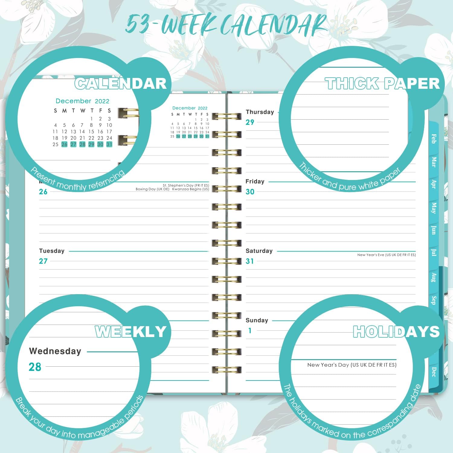 2023 Planner - Planner 2023 Weekly & Monthly with Tabs, Jan 2023 - Dec 2023, 6.3" x 8.4", Hardcover with Back Pocket + Thick Paper + Twin-Wire Binding - Teal Floral