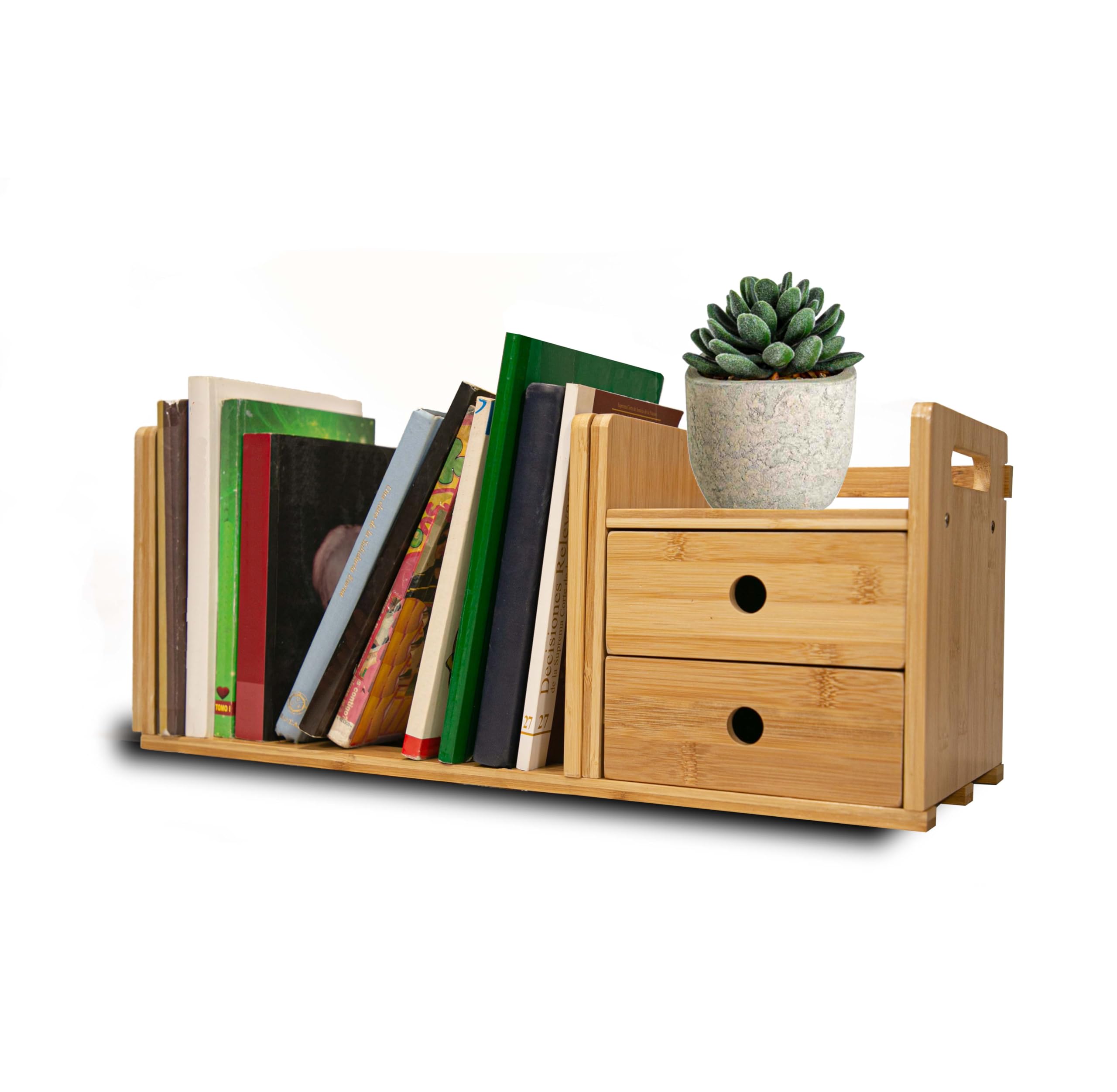 ECOHOME Desktop Bookshelf Expandable with Two Drawer Organizers Made of Bamboo, Collapsible Design & Compartments for Efficient, Clutter-Free Workspace Organization - Sleek Bookshelf
