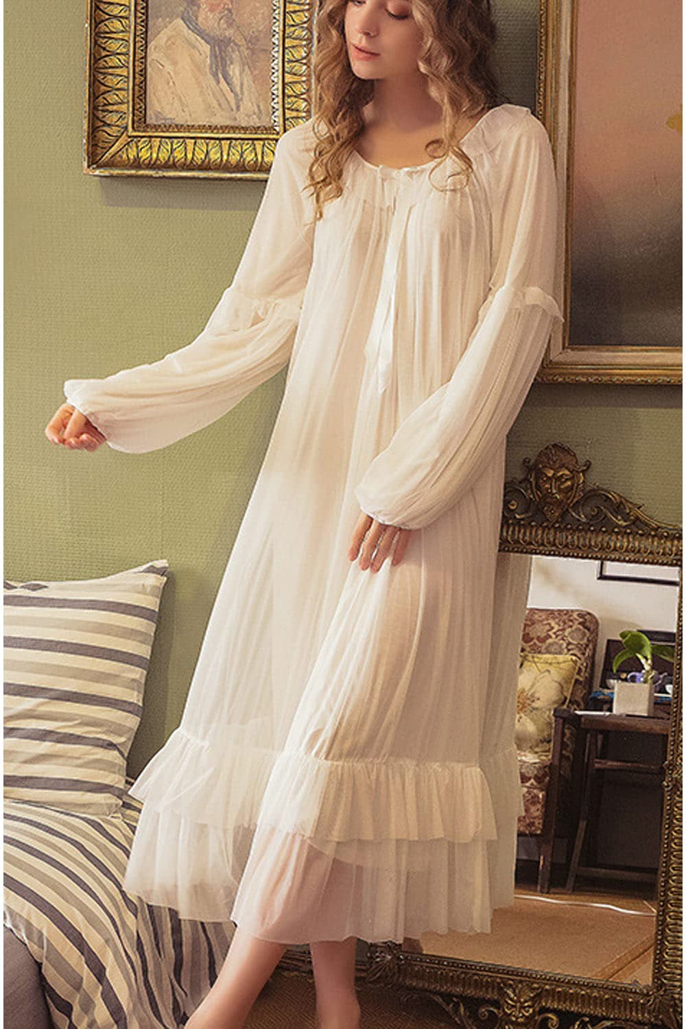 Viktorianisches Nachthemd für Damen, lang, durchsichtig, Vintage-Stil, Nachtwäsche, Pyjama, Loungewear, Prinzessinnen-Hausmantel, Nachthemd