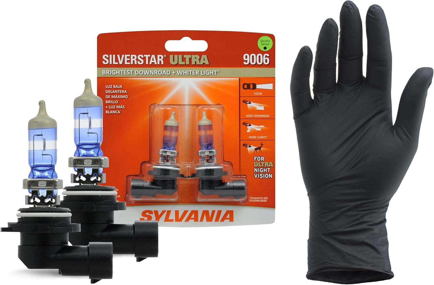 SYLVANIA - 9006 SilverStar Ultra plus Free Installation Gloves - High Performance Halogen Headlight Bulb, High Beam, Low Beam, Fog Replacement Bulb, Brightest Downroad Whiter Light (Contains 2 Bulbs)