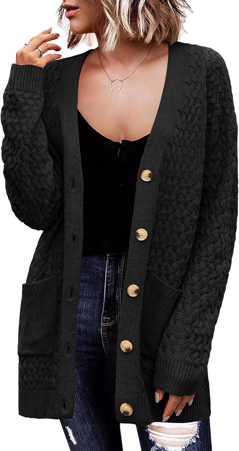 Zeagoo Womens 2026 Long Sleeve Chunky Cable Knit Fall Cardigans Sweaters Button Down Open Front Outerwear with Pockets