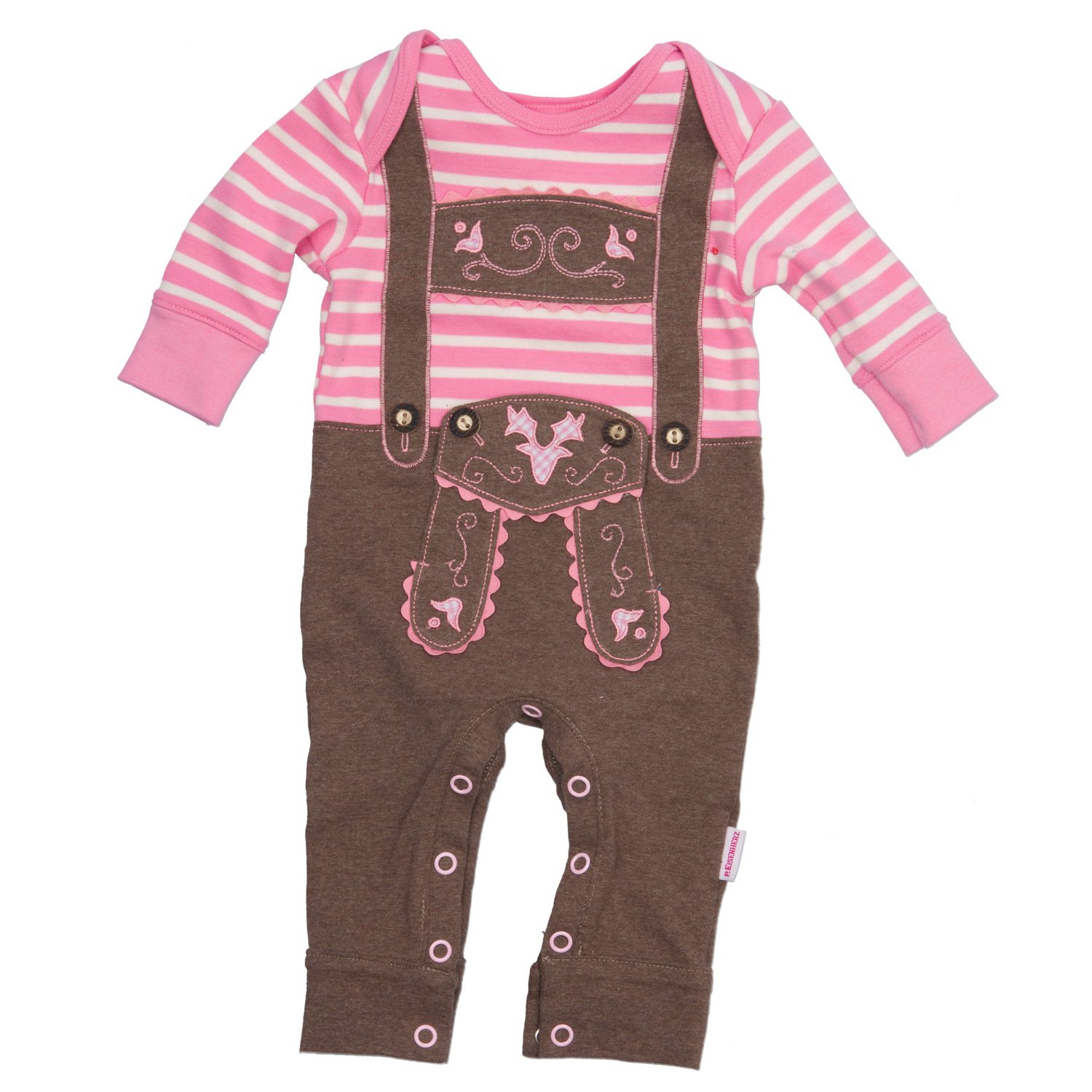 Eisenherz Baby Strampler rosa Langarm mit Druckverschluss im Schritt Lederhose mit Hosenträgerapplikation in Größe 74 - fescher Trachtenlook
