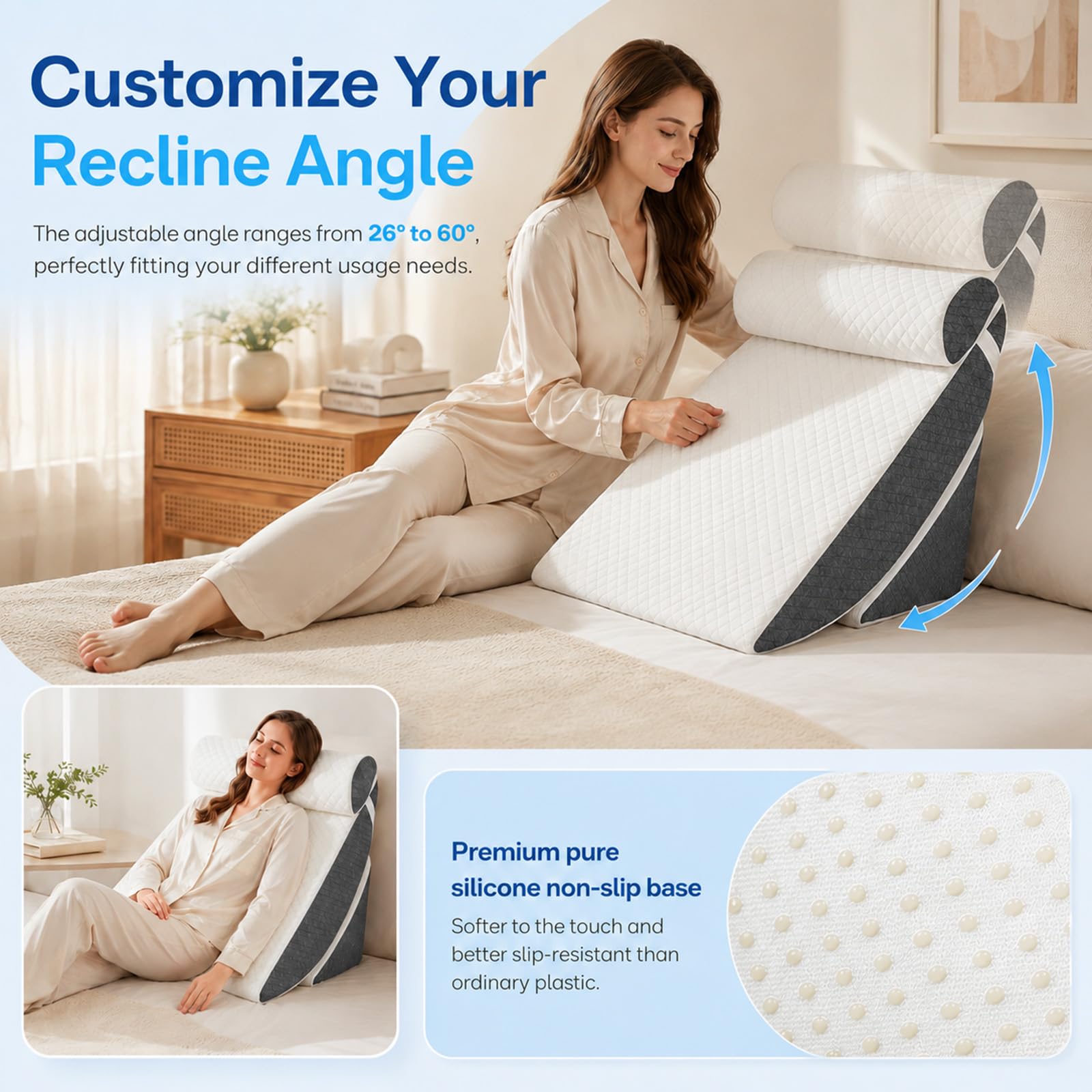 Set di 5 cuscini a cuneo ortopedici da letto, per post-chirurgia, cuscino a cuneo regolabile, con 2 cuscini per gambe, cuscino da lettura in memory foam, comodo e regolabile, anti-russamento