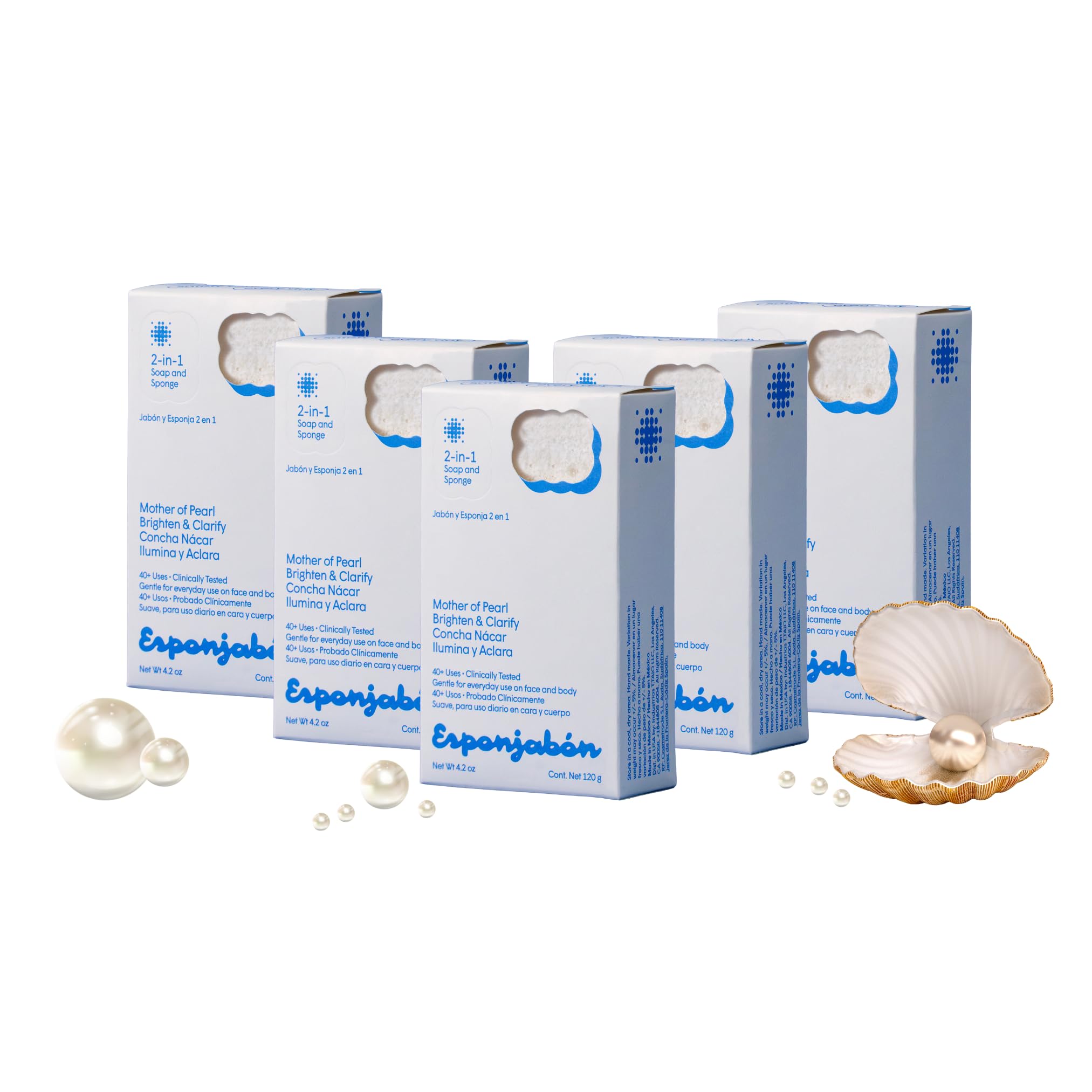 T.Taio Esponjabon Mother of Pearl Soap Sponge - Cleansing Shower Scrubber - Cleaning Bath Wash Scrub - Oil Removal - Massage & Lather Foot, Elbow, & Face - Bathroom Accessories - Fresh Scent (5-Pack)