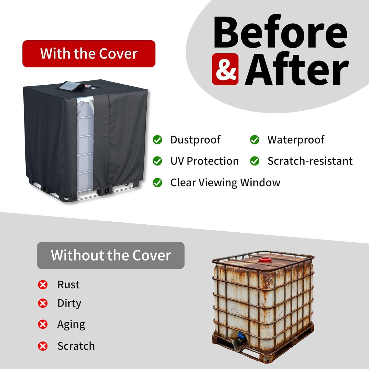 IBC Tote Cover - Heavy Duty 420D Silver Coated All-Weather Waterproof Oxford with UV Protection, Fits 1000L & 275 Gallon IBC Container & Rain Barrel for Outdoor Dust, Sun, Rain Protection