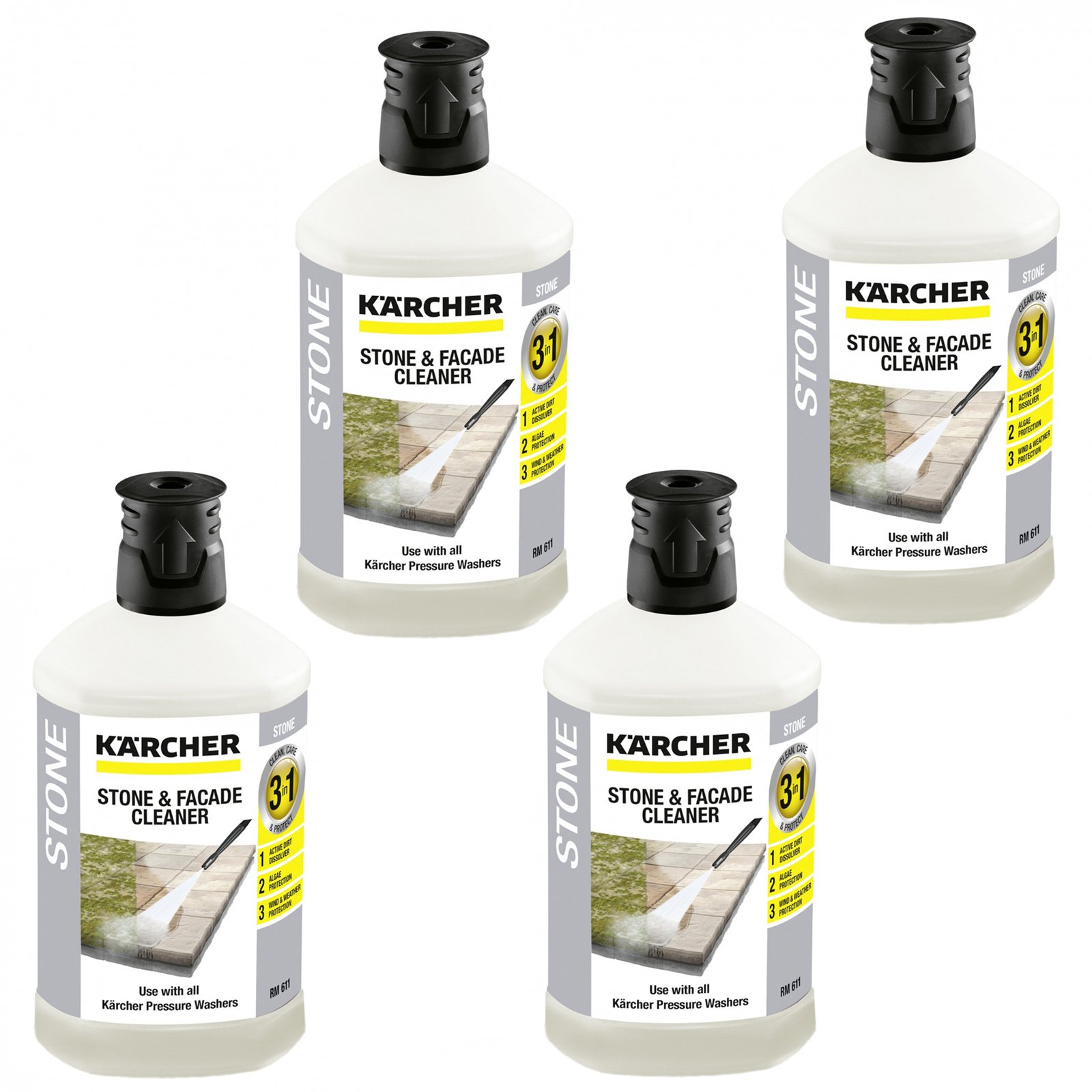 Karcher Genuine Stone & Facade Cleaner Plug 'n' Clean 3 in 1 Detergent (1 Litre, Pack of 4)