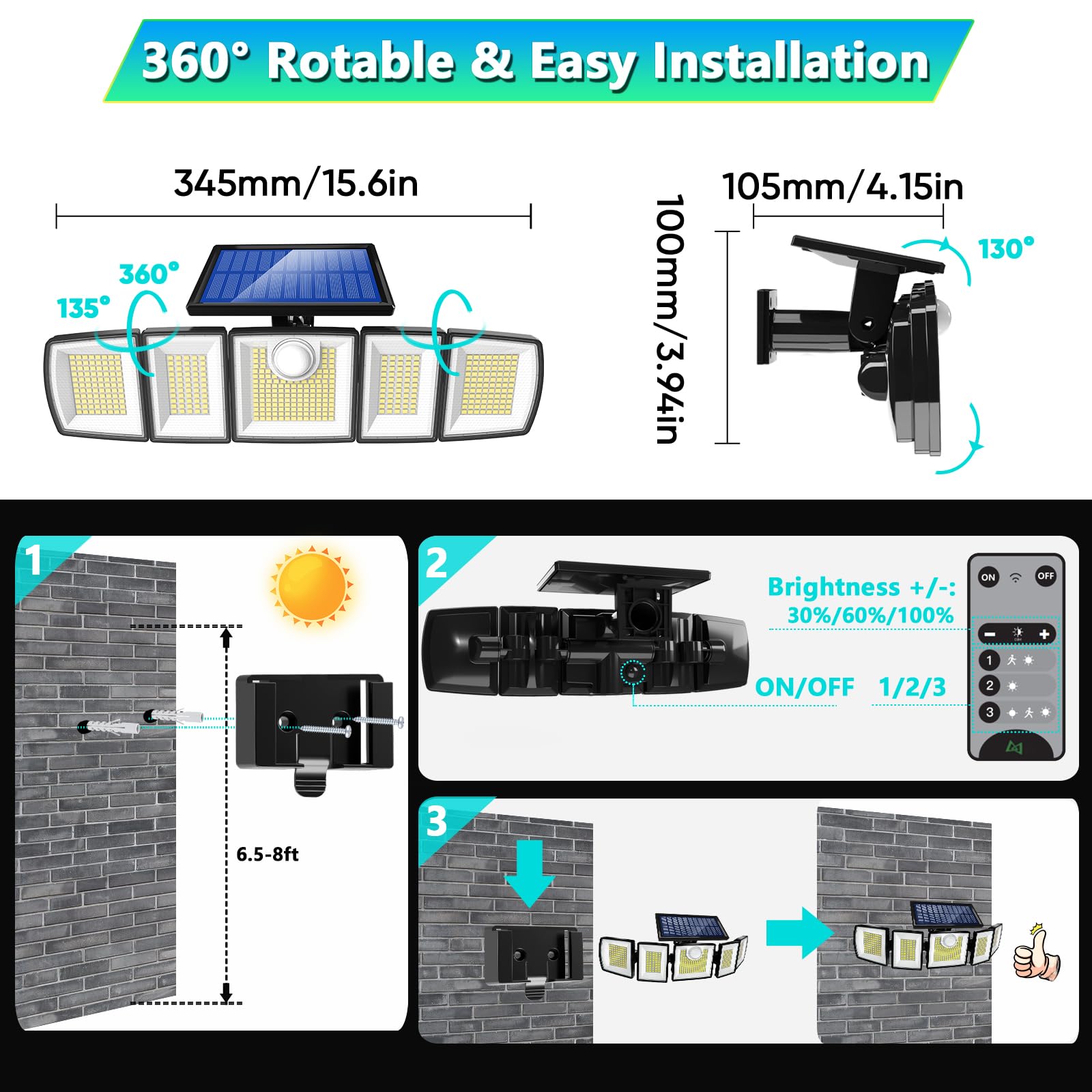 Luci solari per esterni, sensore di movimento, impermeabile, 416 LED, 3000 lumen, super luminose, 3 luminosità, 3 modalità, 2400 mAh, 360°, illuminazione solare di sicurezza per inondazione, 9,8 m