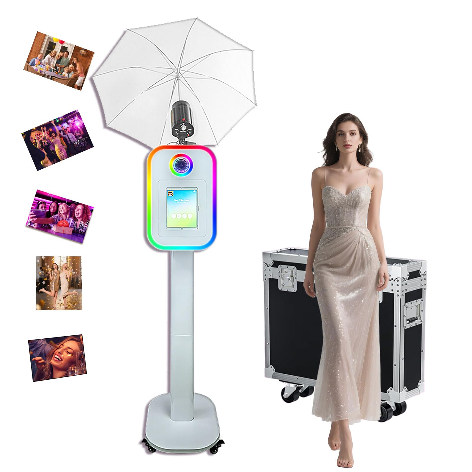 Cabina de fotos portátil compatible con superficie/tableta/iPad, soporte de cabina de fotos de 10.2 a 13 pulgadas con linterna, paraguas, máquina de fotomatón para eventos, alquiler, boda (blanco
