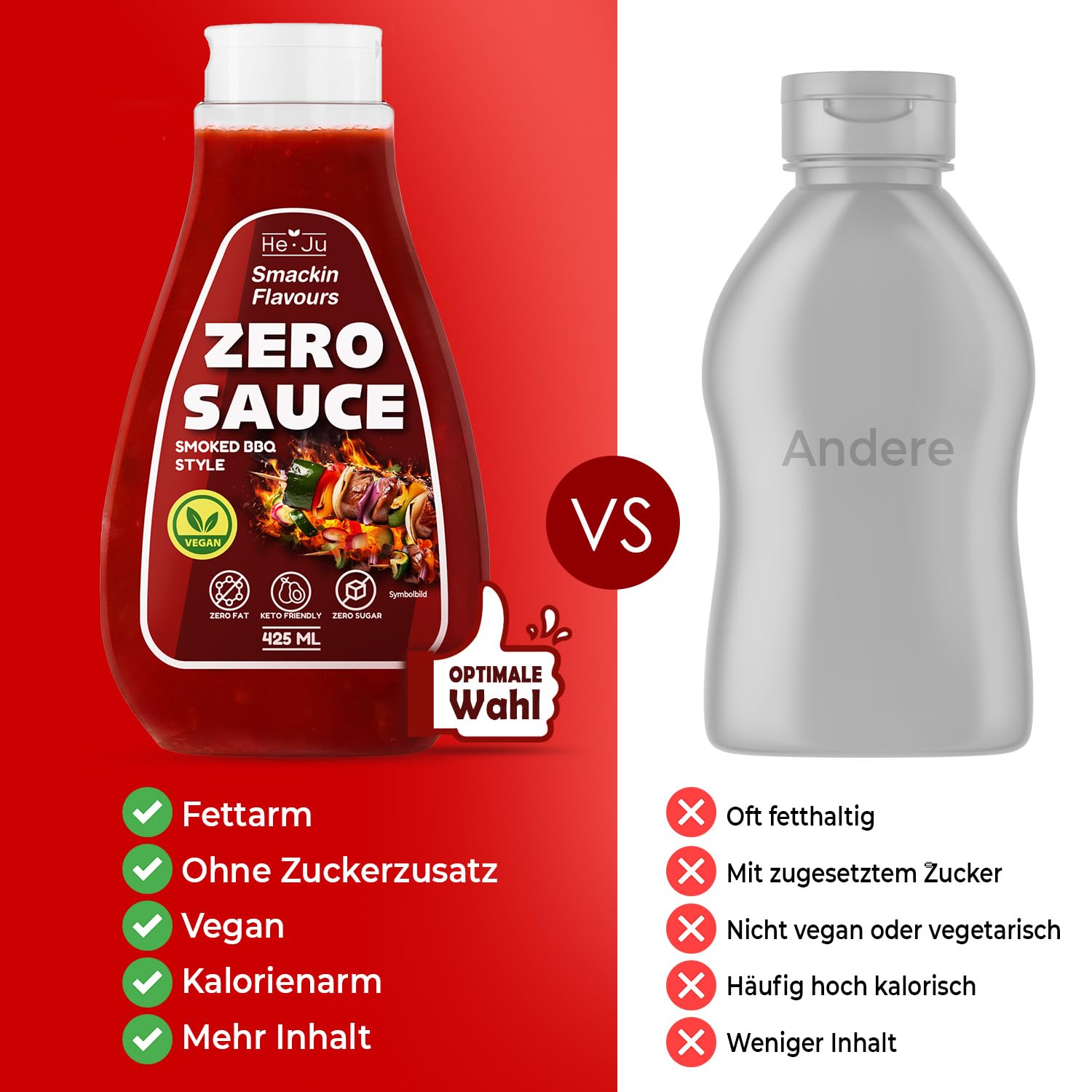 Zero Sauce Smoked BBQ 1x 425ml Light Sauce, sans graisse et sans sucre ajouté, végétalien et sans gluten, convient au régime céto (425 ml (1 paquet), Smoked BBQ Style) e)