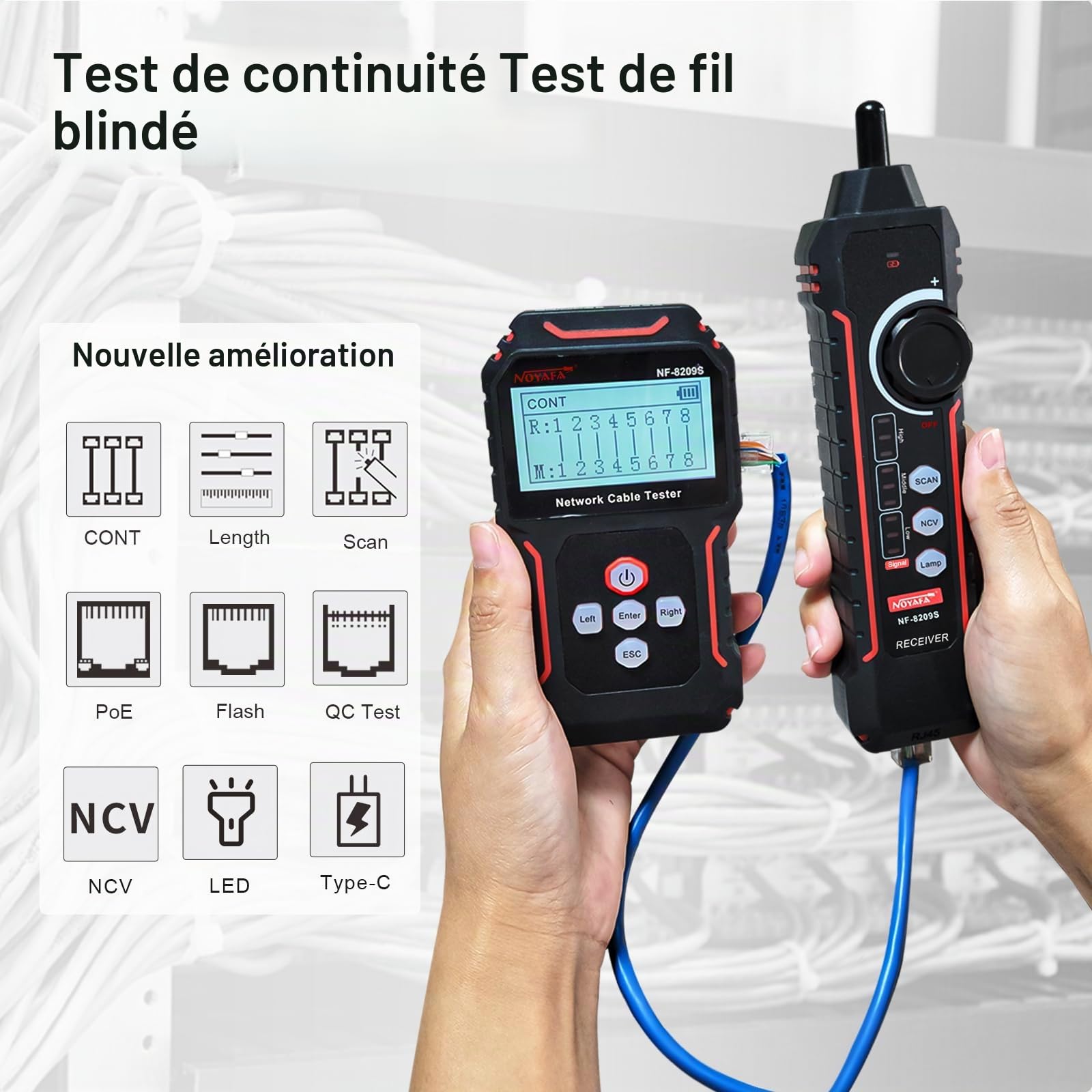 NOYAFA Testeur de câble réseau avancé NF-8209S avec PoE et NCV, test de longueur de câble, clignotement de port, modes de balayage anti-interférences multifonction, traqueur de fil
