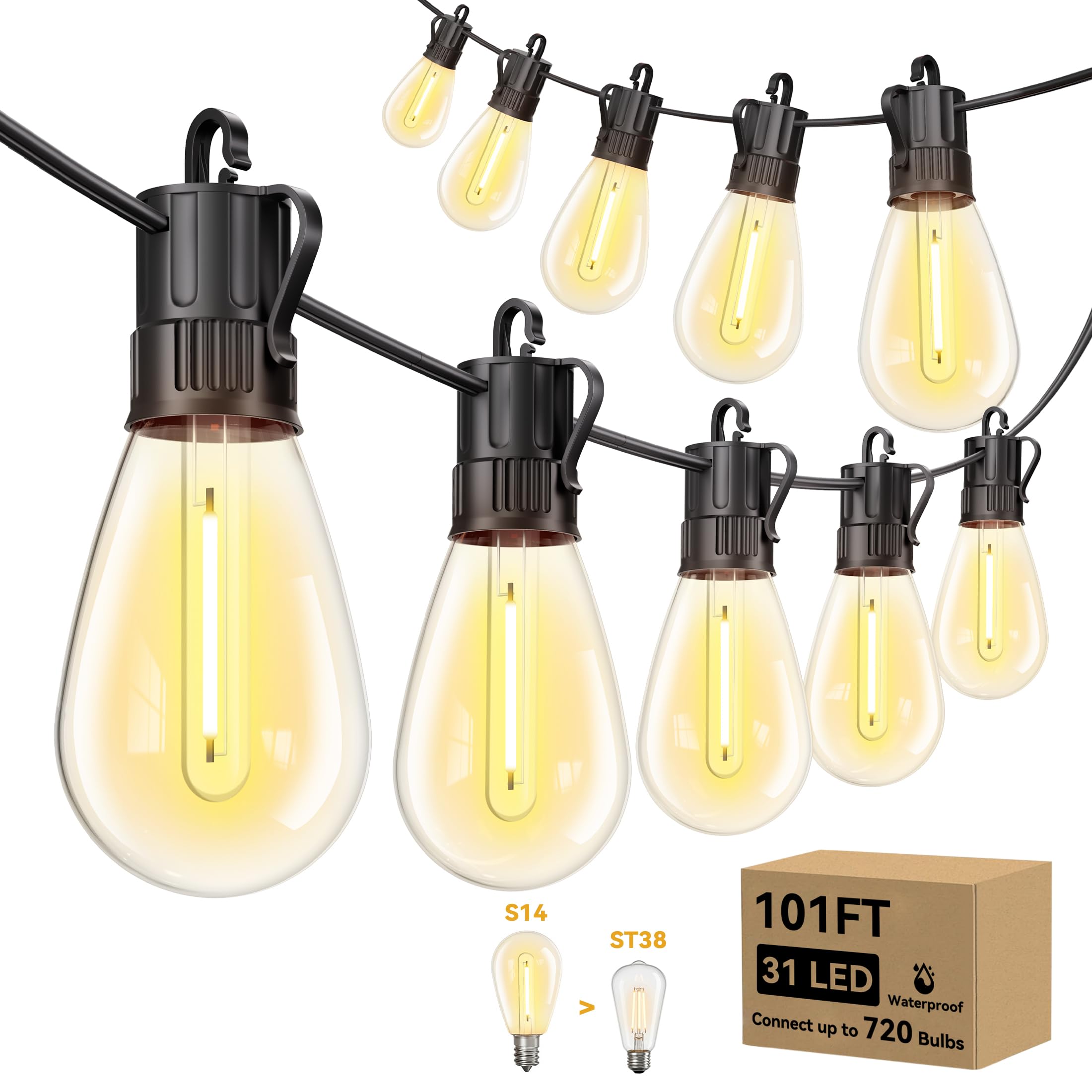 Minetom 101FT Outdoor-String-LED-Patio-Lights-Waterproof, 31Shatterproof S14 Vintage Edison Bulbs, Commercial Grade Outside Hanging Lights Waterproof for Porch Deck Garden Backyard Balcony Cafe Bistro