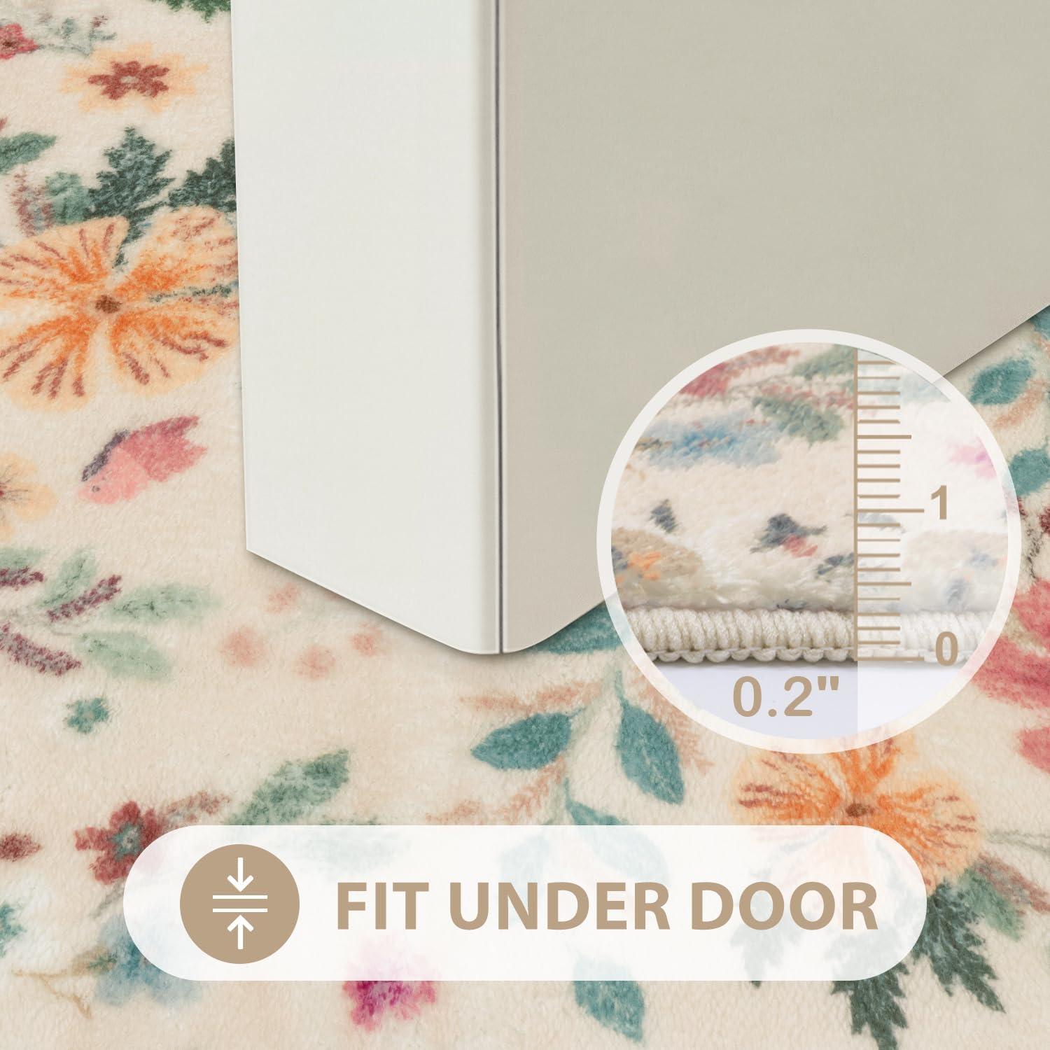 Uphome Boho Floral Bathroom Mat fitting under a door, demonstrating its low-pile height