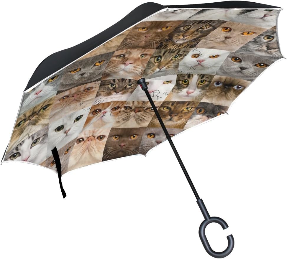ALAZA Funny Cat Kitten Head Inverted Umbrella, Large Double Layer Outdoor Rain Sun Car Reversible Umbrella