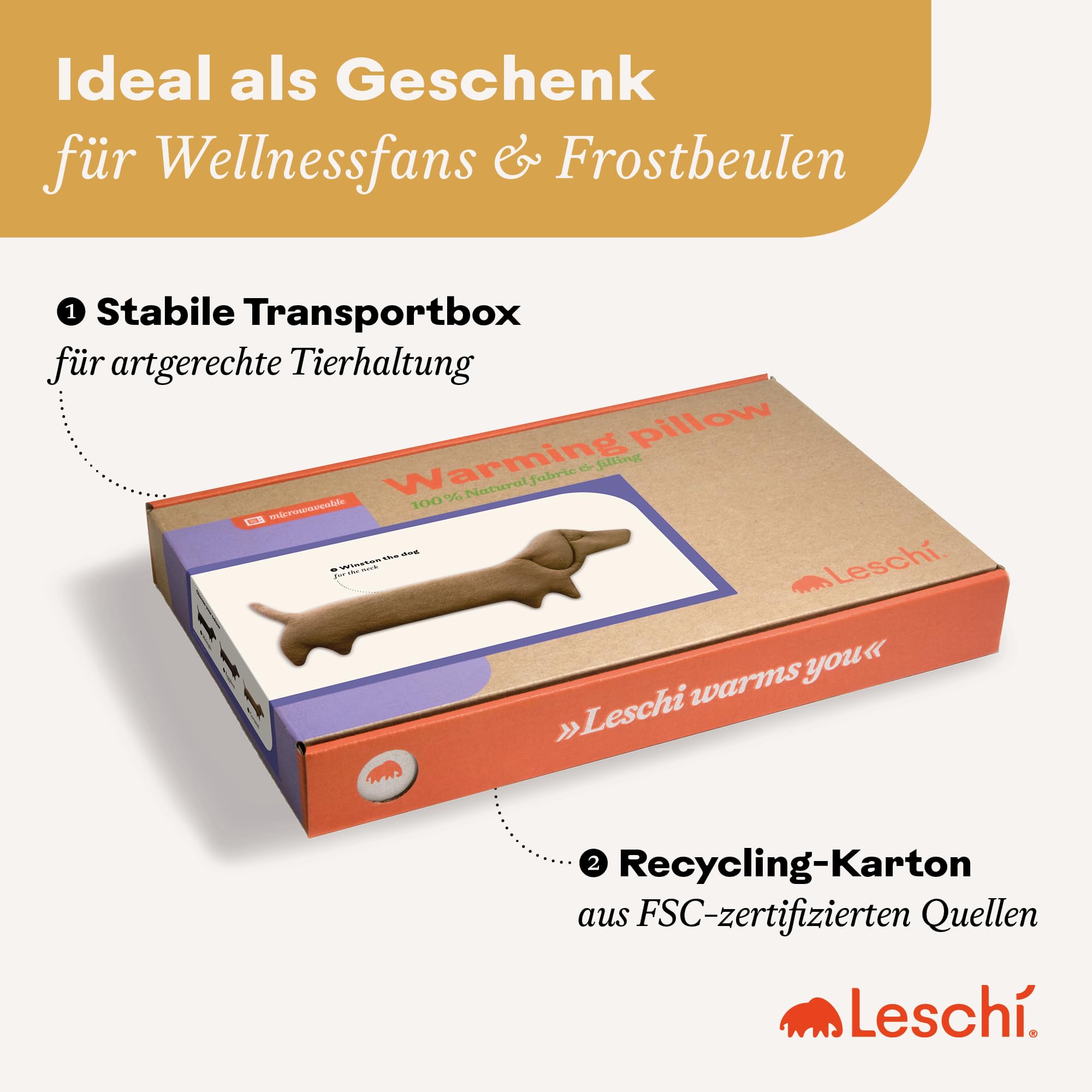 LESCHI Wärmekissen für Mikrowelle (52x20 cm), aus 100% Bio Baumwolle und Bio Weizen, Hund Braun, Körnerkissen, Nackenwärmer ideal als Wärmespender und zur Entspannung von Rücken Schulter Nacken Hals