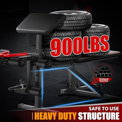 Miniatura 10 de OPPSDECOR Juego de banco de pesas ajustable, juego de prensa de banco multifuncional de 900 libras con estante para sentadillas y almohadilla de