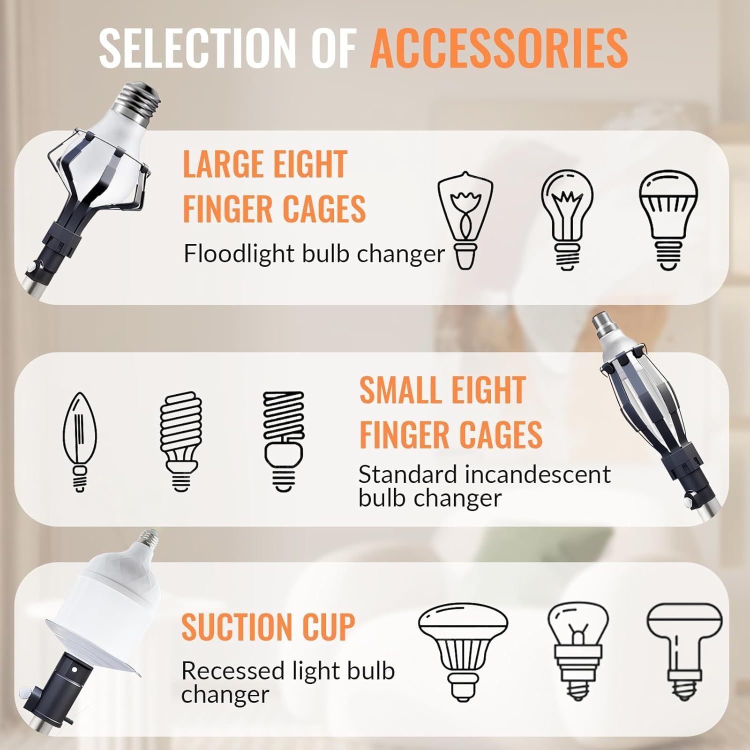 20FT Light Bulb Changer for High Ceilings, 10PCS Extension Pole Kit with 360° Adjustable Bulb Grabber, Ceiling Fan Duster & Window Cleaner, No Ladder Needed