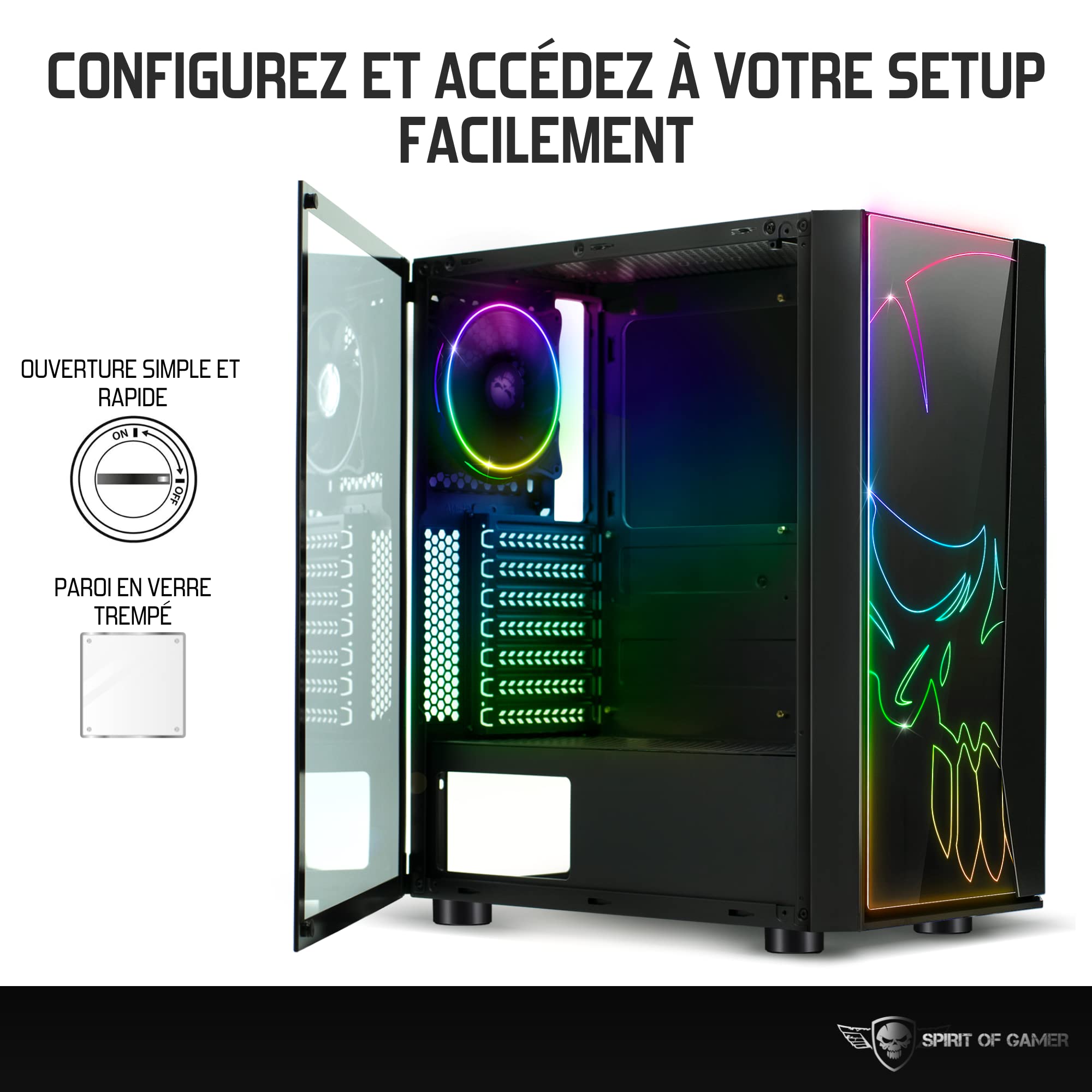 SPIRIT OF GAMER - Boitier PC Gamer RGB Ghost One - Façade et Paroi en Verre Trempé - 60 Modes de Rétroéclairage - 2 Ventilateur Adressable 120mm Inclus - Compatible Aura/MSI Mystic/ASROCK