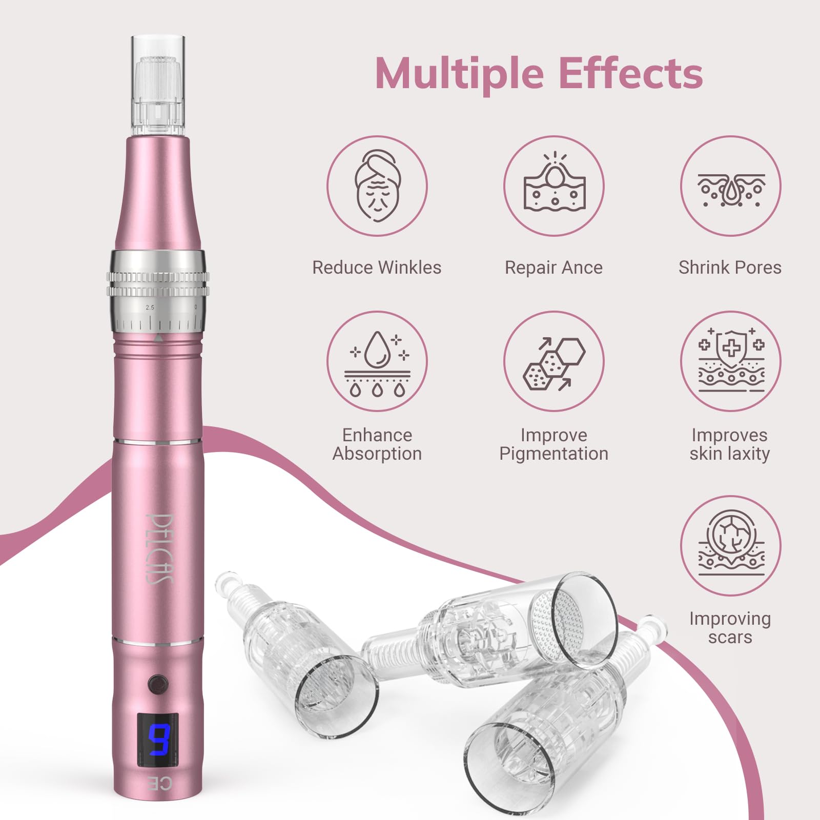 PELCAS Derma Pen mit 7 Farben Licht Tragbarer Elektrischer Mikrodeedling Pen mit 9 Geschwindigkeiten und 12 Patronen LCD Anzeige Mikronadel Schönheit Pen Rosa