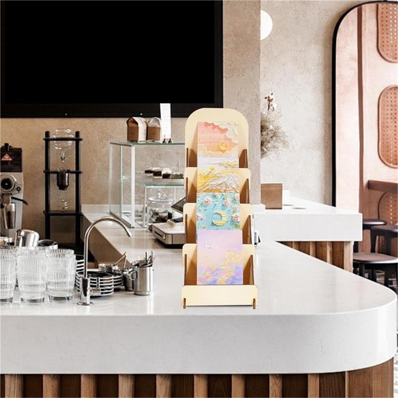 Expositor De Tarjetas De Felicitación Estante de exhibición de tarjetas de felicitación, soporte de exhibición de tarjetas de cartón de madera de 4 niveles, organizador de escaparate for tarjetas, fot
