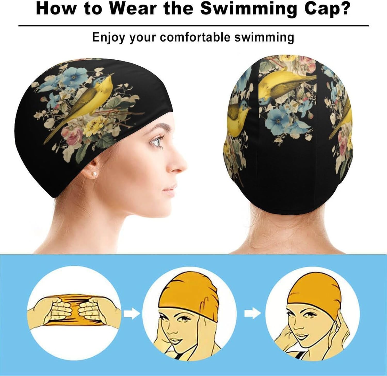 Warbler Bird on Flowers Womens Swim Cap for Men Adult Swimming Hat Curly Short Medium Long Hair