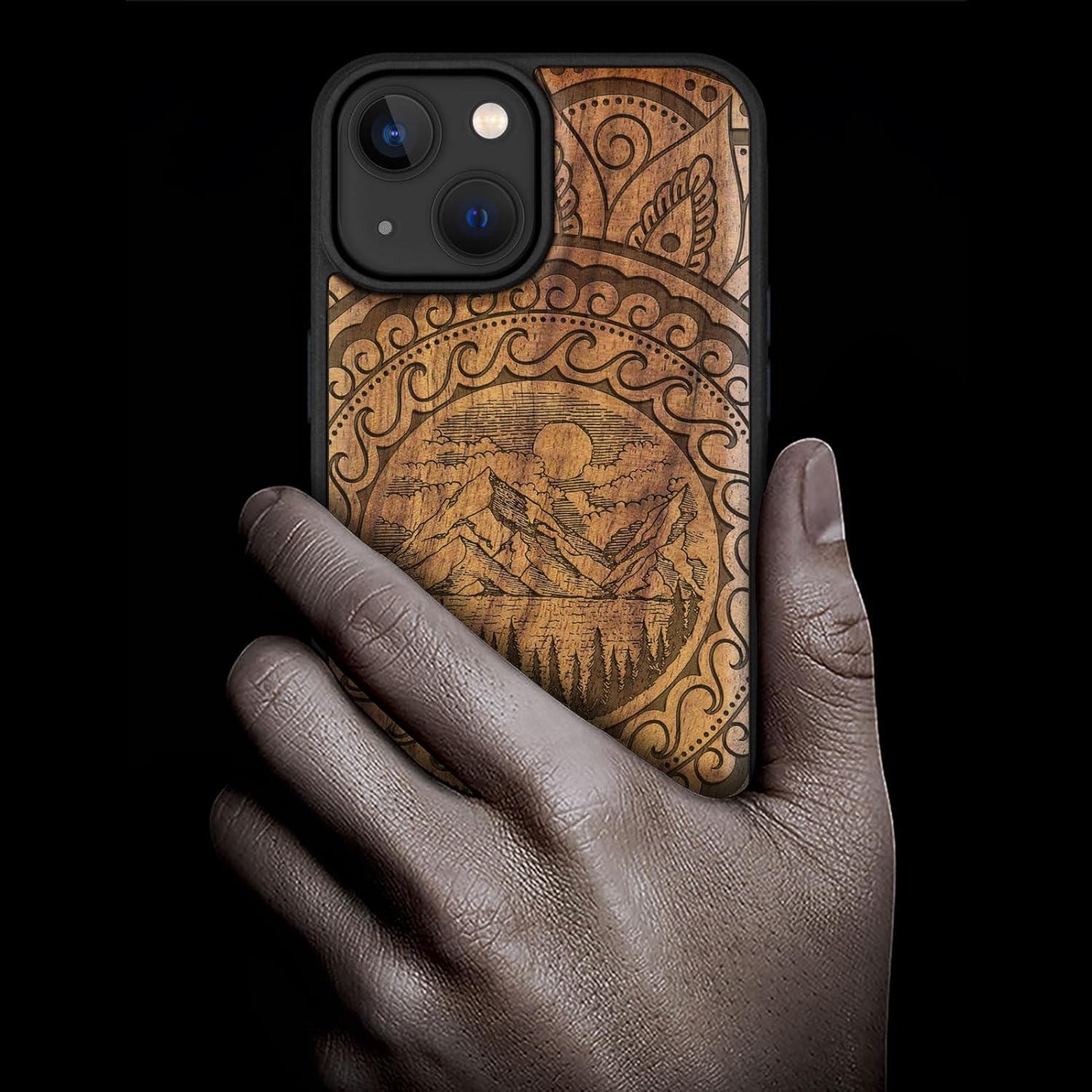 Carveit Magnetic Wooden Case for iPhone 15 Case, Compatible with MagSafe Wireless Chargers, Black Soft TPU Shockproof Cover & Wood Artisan Engraved (Paisley and Nature in Harmony) - Walnut