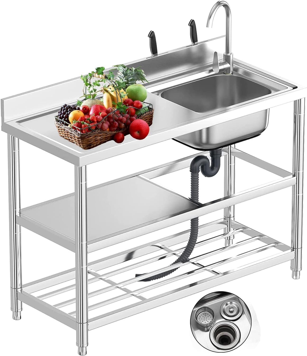 HBSSP Commercial Sink with Faucet Drainboard Outdoor Kitchen Sinks,Freestanding 304 Stainless Steel Table with Workstation,Drain for Laundry Room,Restaurant,Garage(Right,Length 80cm(31.5in))