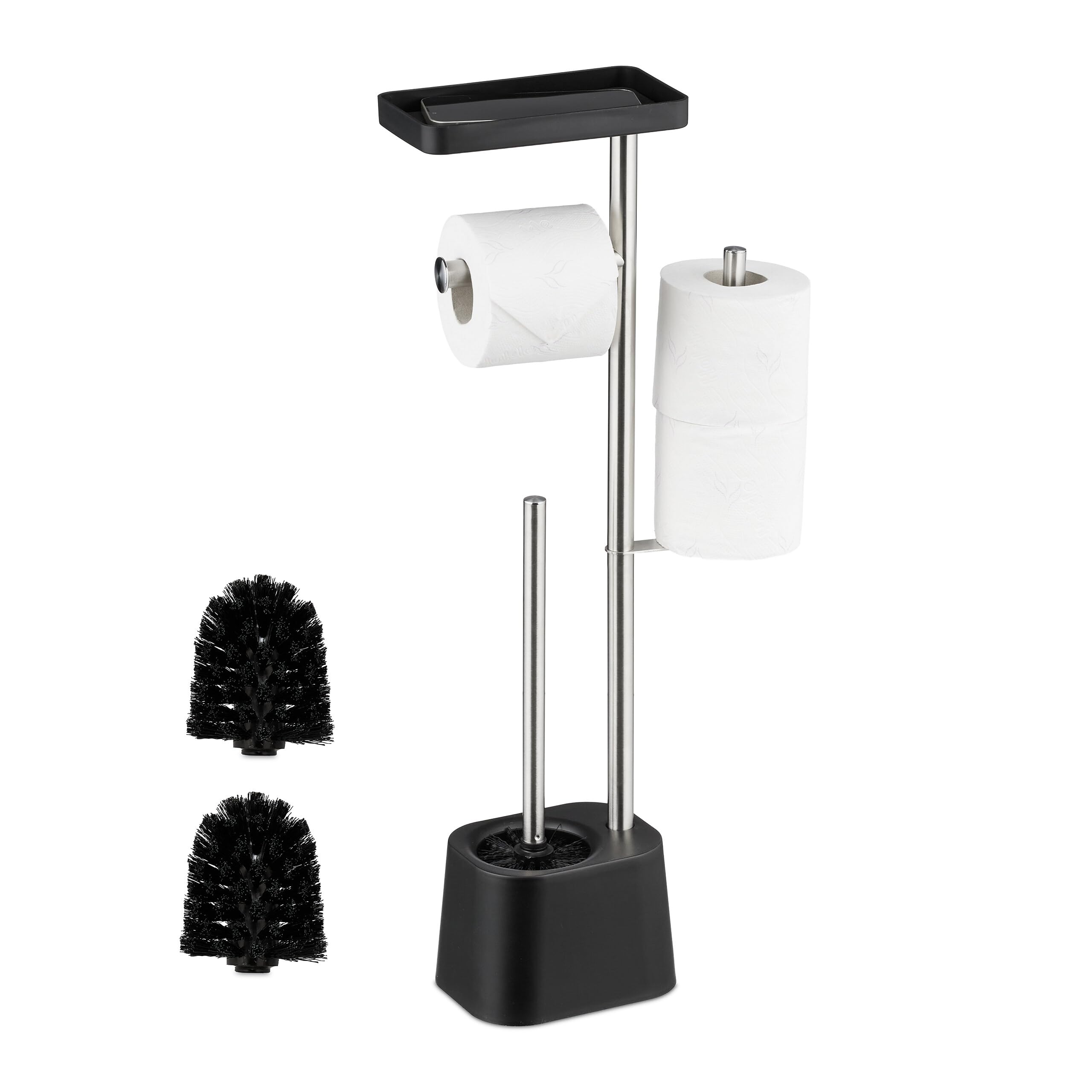 Relaxdays toilet set, HWD: 65.5 x 29 x 11 cm, freestanding toilet roll holder, brush, spare roll holder, shelf, black