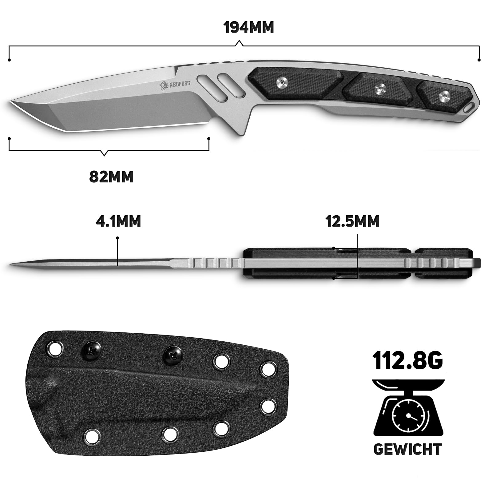 NedFoss BULWARK Jagdmesser 42a Konform, 8.5cm D2 Stahl Full Tang Survival Messer mit Verstellbarer Clip & G10 Griff, Outdoor Messer mit Kydexscheide, Legales EDC Feststehendes Messer