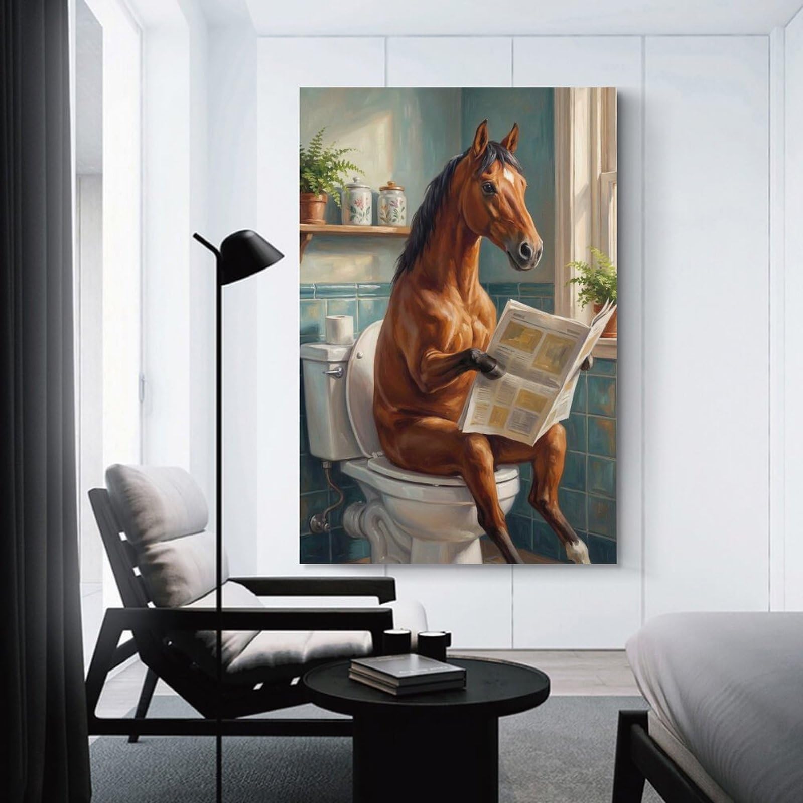 Junmoney Unframe-Style-17 Horse Reading Newspaper On Toilet Wall Picture Print, 20X30inch(50X75cm), For Workspace Walls, Study Corners Or Bedrooms, Wall Art That Adds Style To Work Areas