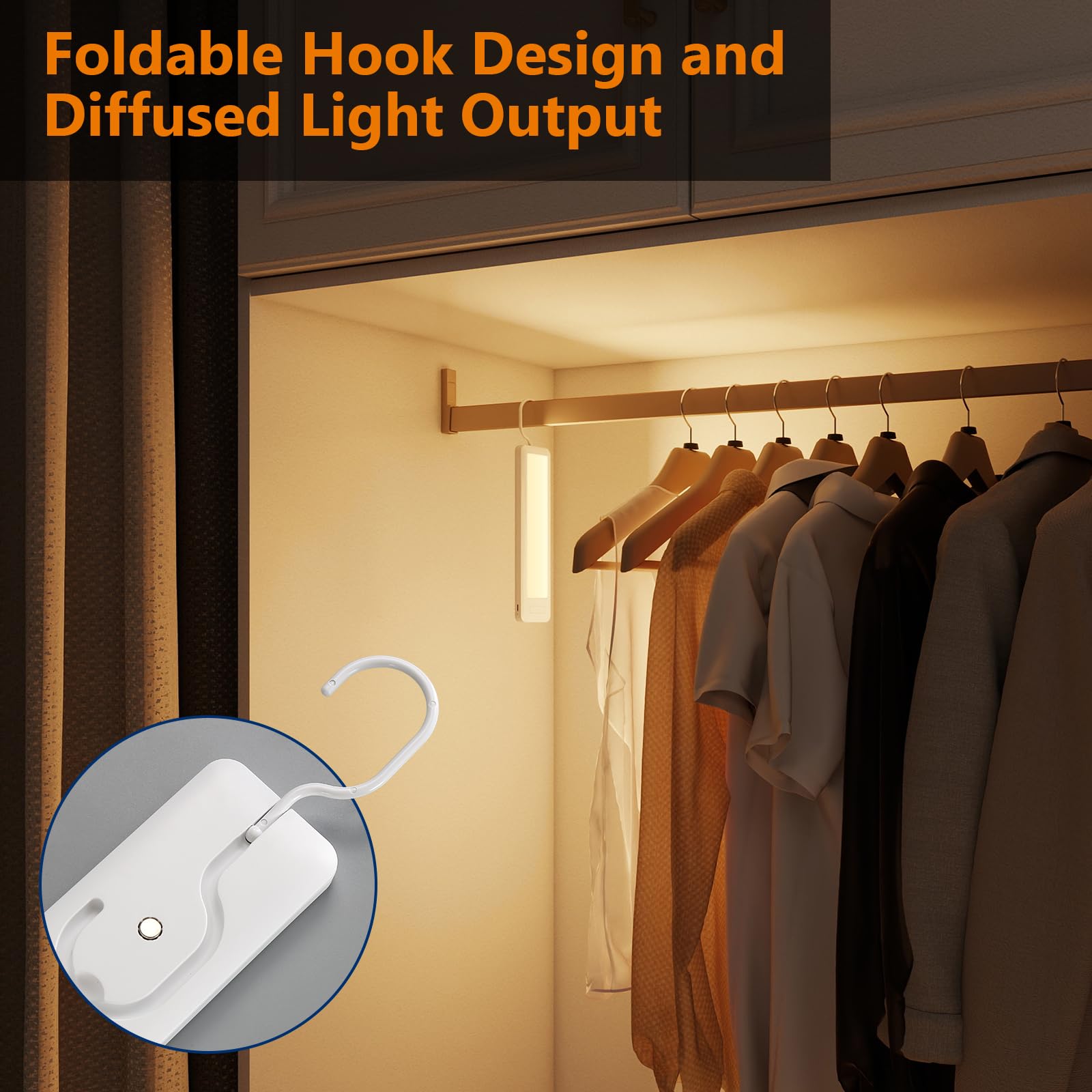 Dawnrise Luci sotto l'armadio, luce con gancio con sensore di movimento per interni, luci ricaricabili wireless, luce portatile da 19,8 cm, per cucina, armadio, camera da letto, armadio, ripostiglio,