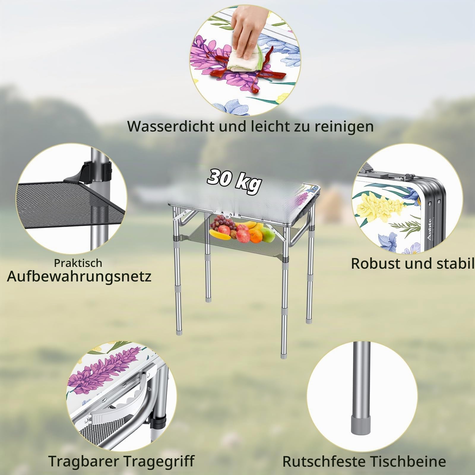 Anbte Campingtisch 58x40cm mit 3 Höhenverstellbar 26/48/70cm, Leicht | Tragbar Picknicktisch mit Aluminium Rahmen & MDF-Tischplatte Blühende Blumen, Kleine Klapptisch für Camping Strand Balkon