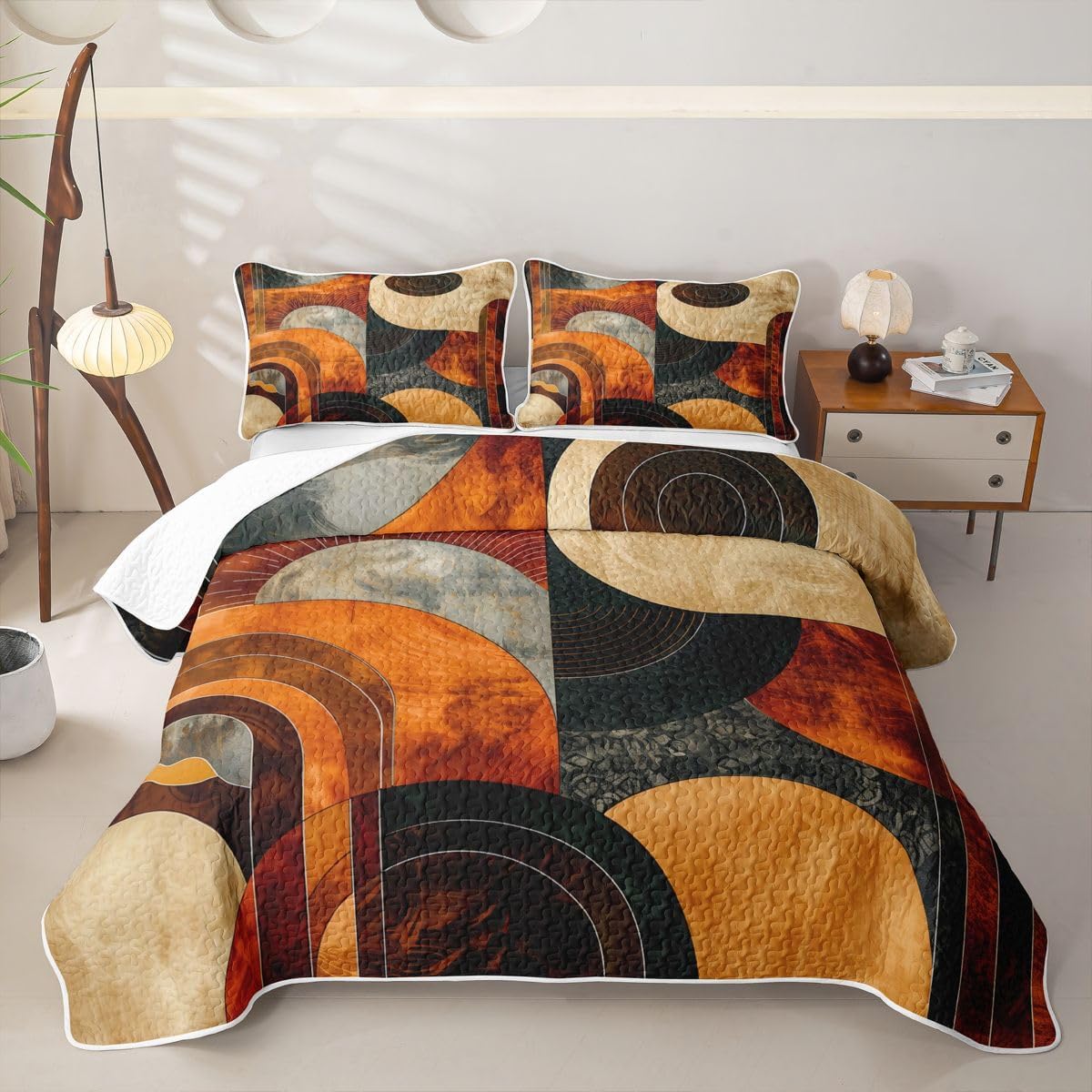 Feelyou Geometric Quilt Set 3 Pieces Queen Size Circle & Swirl Art Quilted Bedding for All Season Earth Tone Kids Boys Girls Bedspread Coverlet Set with 2 Pillowcases