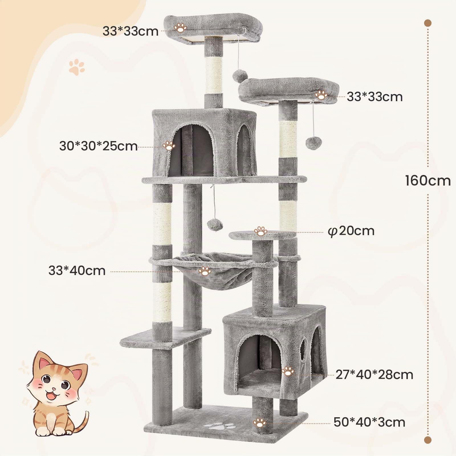 MSmask Grand arbre à chat stable en L avec 2 plateformes, 2 niches pour chats, hamac, colonnes en sisal, arbre d'escalade à plusieurs étages pour chats (gris clair, 160 cm)