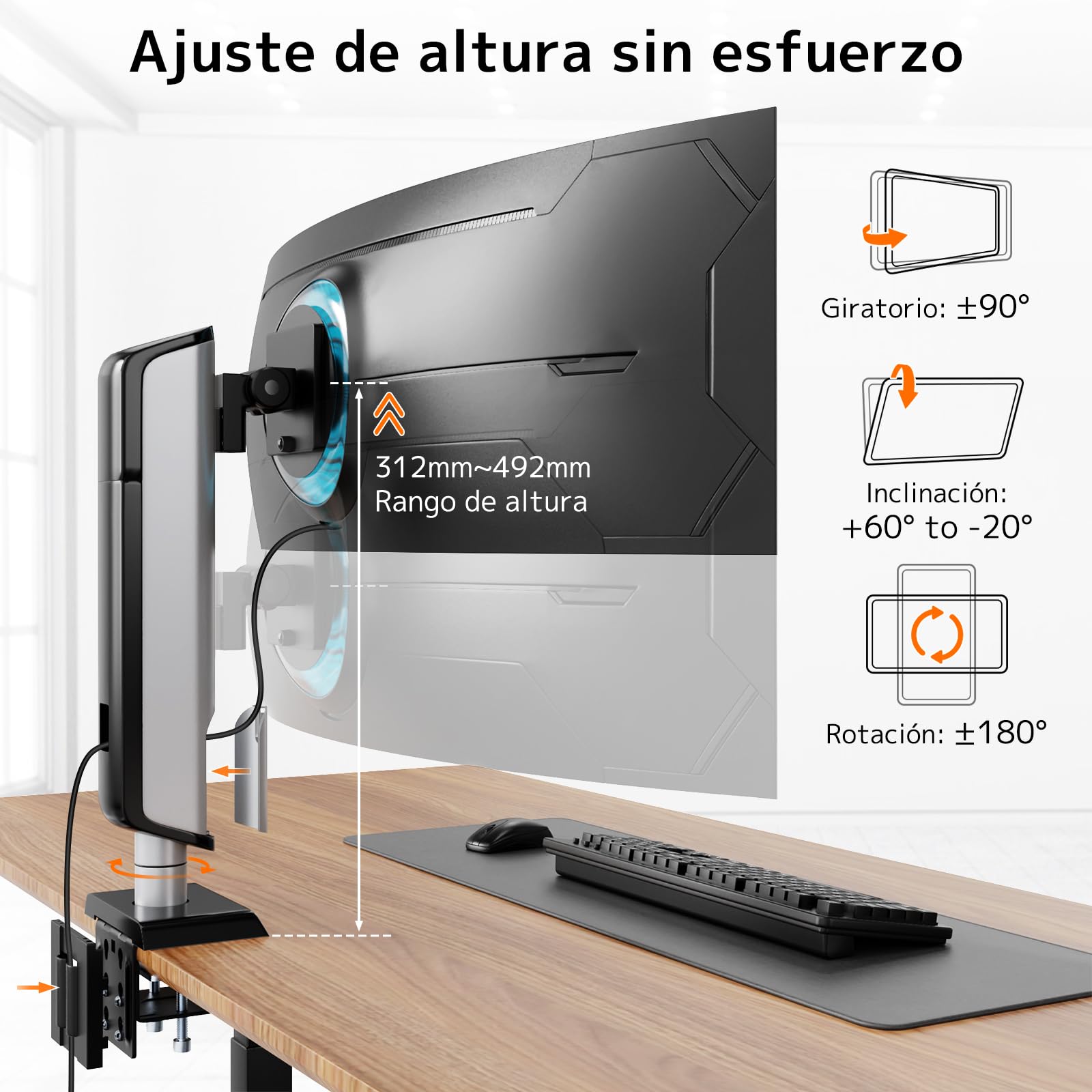 PUTORSEN Soporte de Monitor para Pantallas de 17 a 49 Pulgadas, Soporte de Brazo para un Monitor Soporta 2~18 kg, Ajuste de Altura sin Esfuerzo con inclinación, Giro y rotación, VESA 75/100 mm