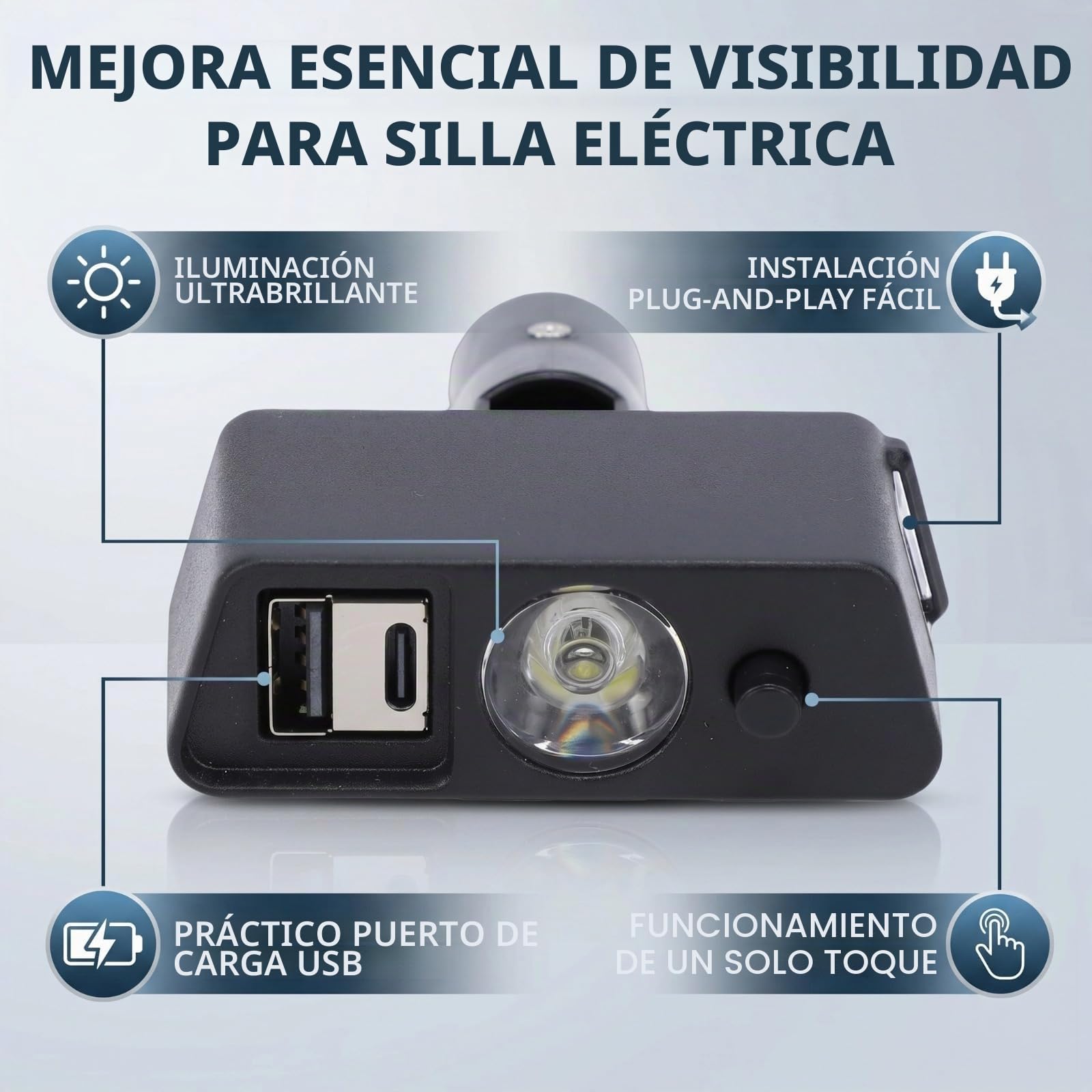 Luz LED para Silla Eléctrica, Iluminación Amplia Superbrillante, ángulo Ajustable con Puerto de Carga USB con Cabezal XLR de 3 Pines, para Sillas Eléctricas JIUYUAN LONGWAY