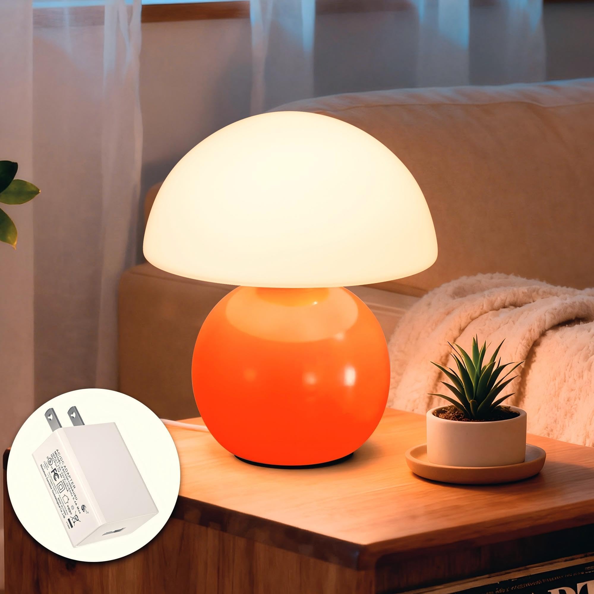 Cute Small Mushroom Lamp Decor,USB-Plug in Bedside Table Lamps with 3-Temperature LED Bulb Dimmable,Modern Aesthetic Home Decor for Livingroom/Bedroom/Dorm/Nursery (Orange with Plug)