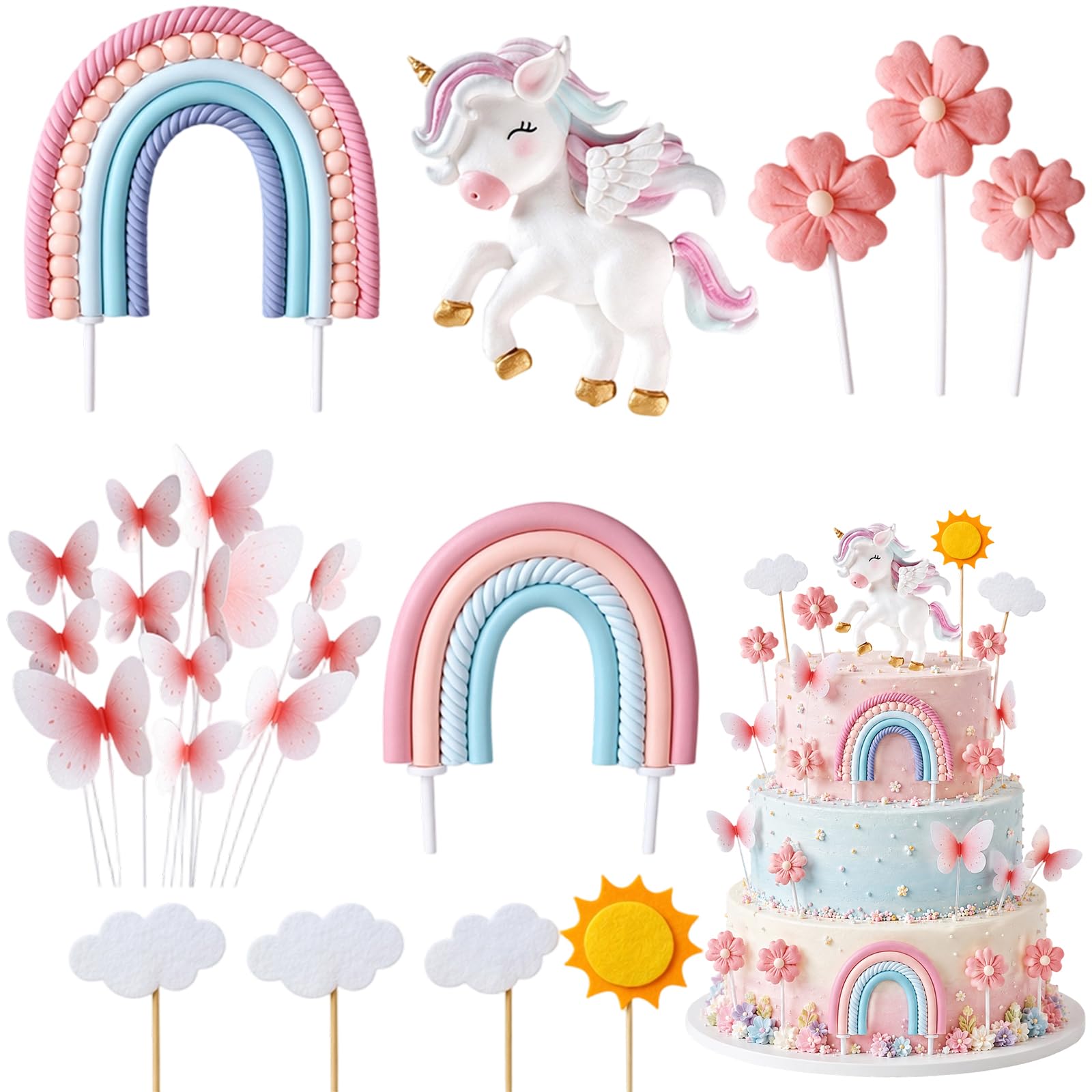 22 Pcs Unicorn Cake Topper, Unicorn Cake Decorations, Rainbow Cake Topper
