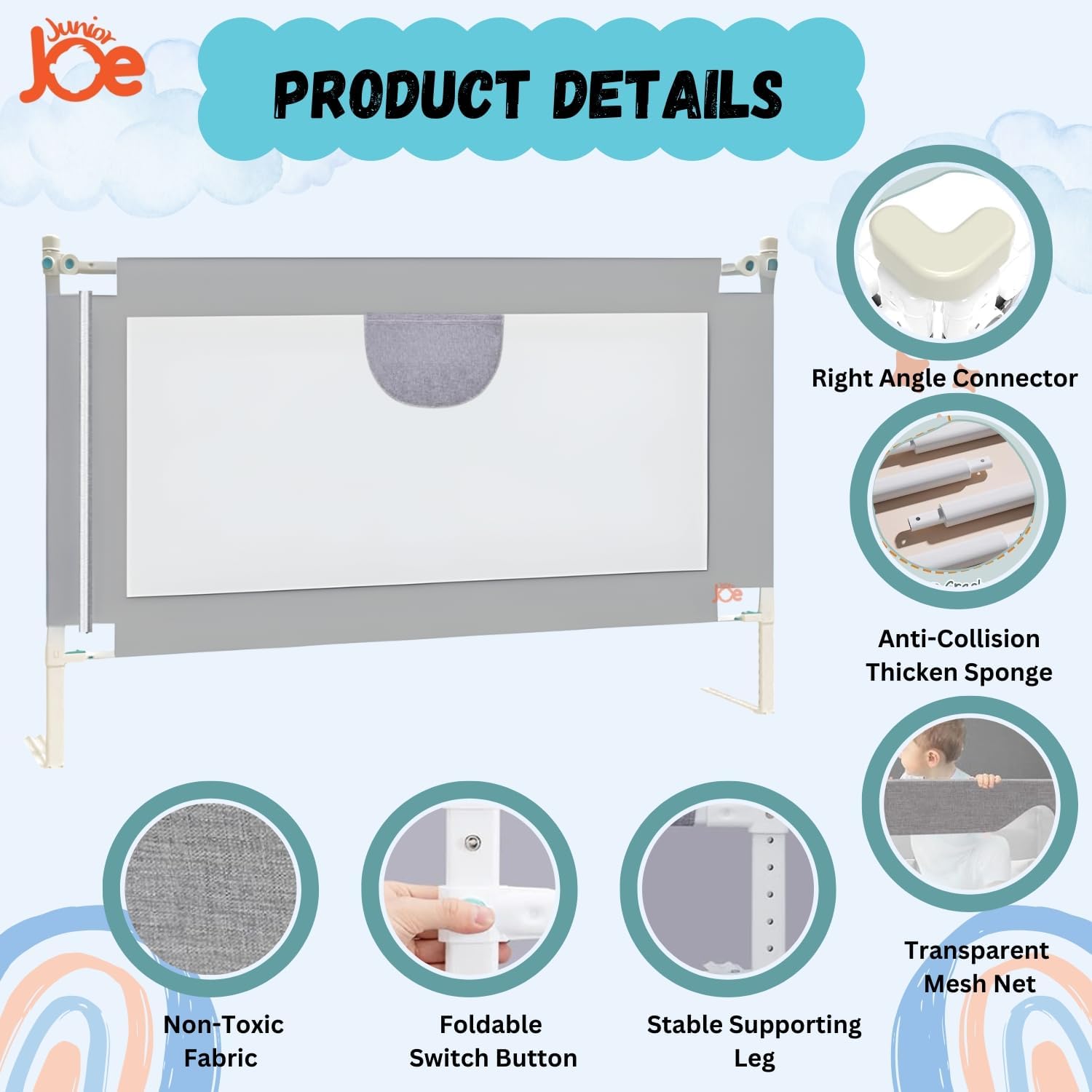 JUNIOR JOE Baby Bed Guard Rail for Kids, Toddler and Protect Children's Sleep Safety, Folding Travel Portable Bed Rail (175 x 65 x 29 cm) (Grey-1, 5 FEET (Pack of 1)) 1