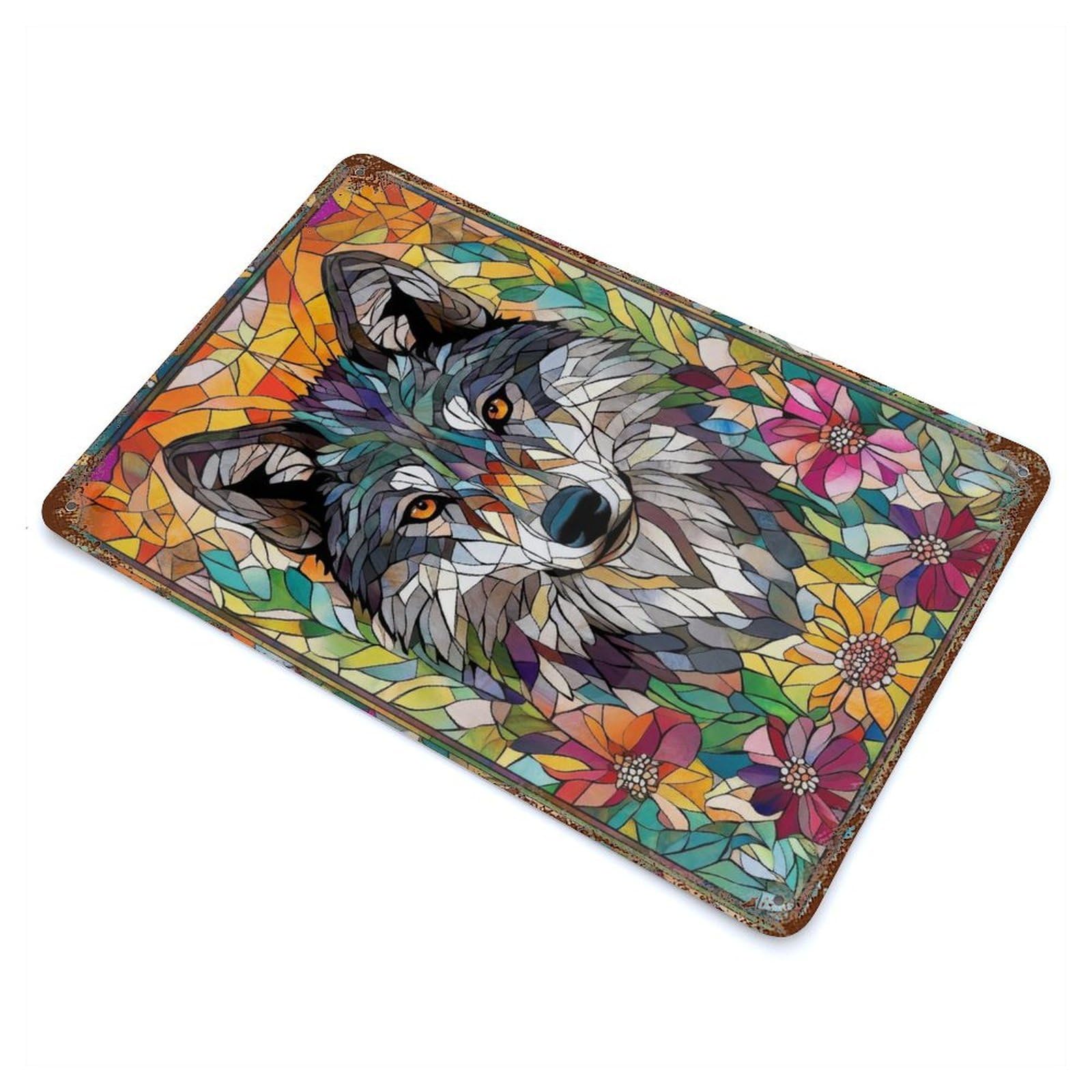 Wolf in Flowers Mosaic 11.8"x7.9" Rusty Metal Tin Sign, Novelty Wall Decor for Cafe, Home Bar And Lounge Decor