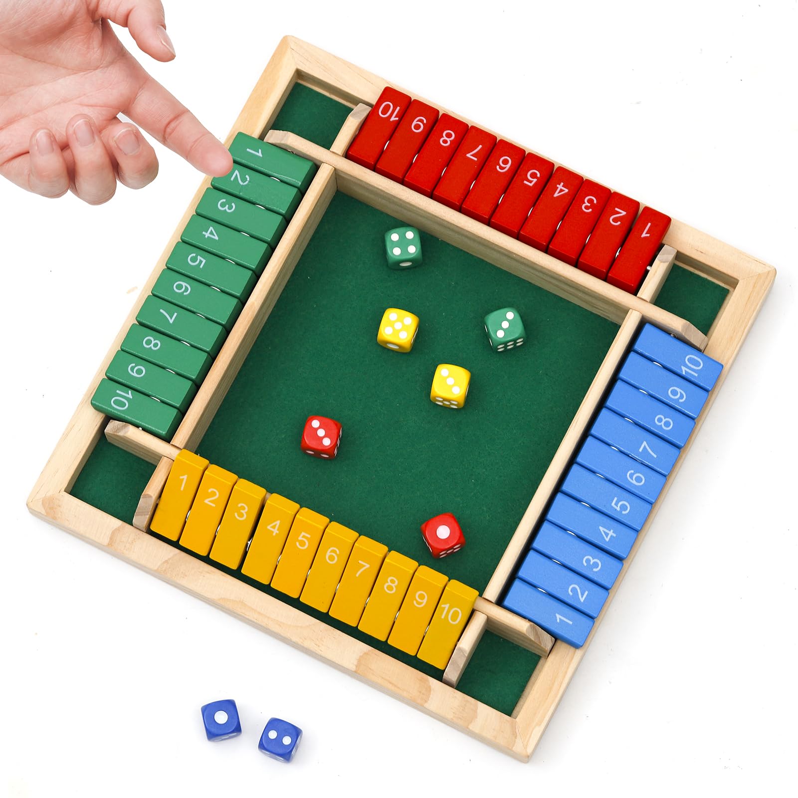 Flero Shut The Box - Gioco a dadi per 4 giocatori in legno - Gioco di tattica e calcolo (Multicolore) - Gioco da tavolo, giocattolo educativo, gioco didattico per bambini e adulti - 8 dadi