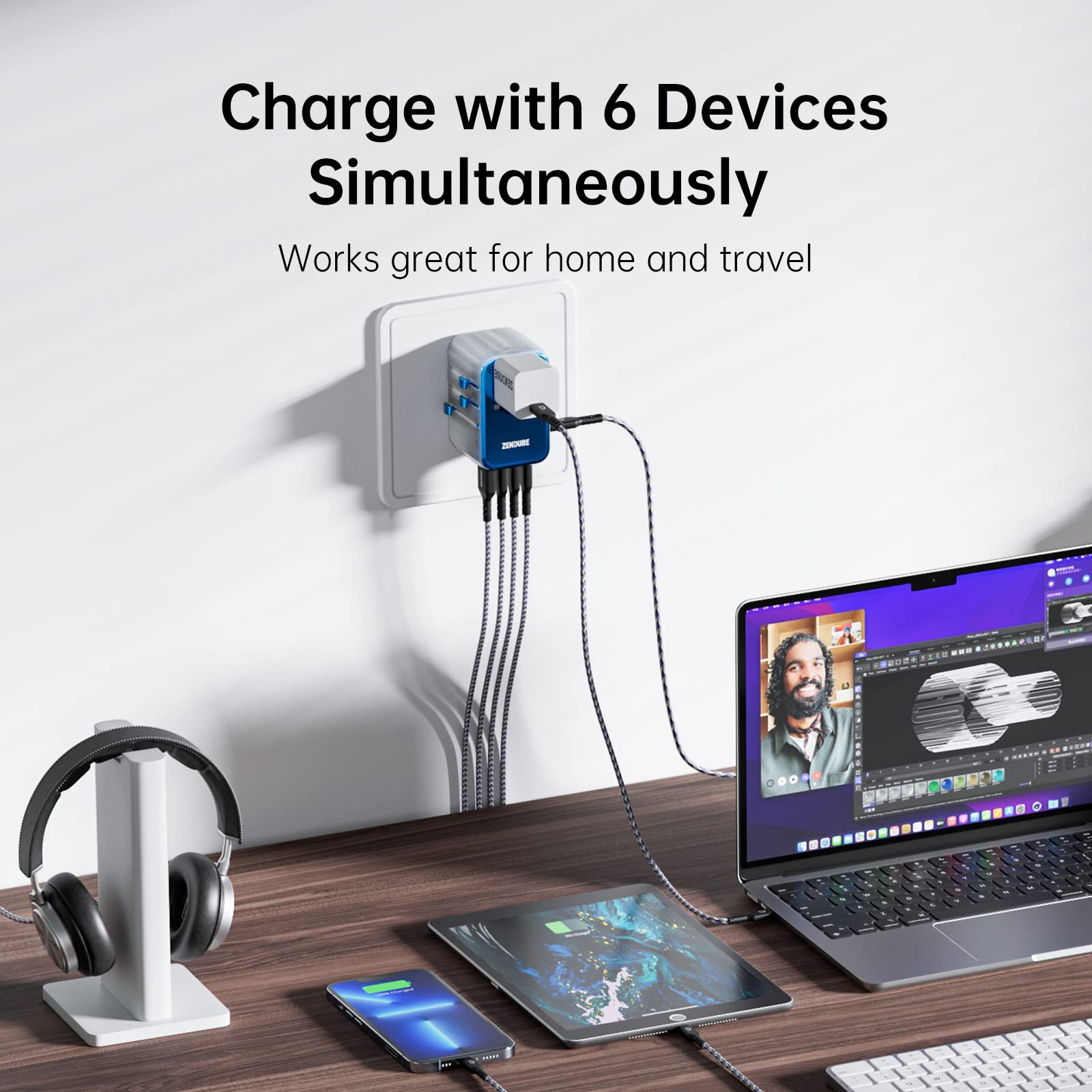 Zendure Adattatore Universale da Viaggio, Apple Alimentatore USB C da 65W, 1 USB-A, 4 USB-C, 1 AC Presa, Ricarica Rapida (PassPort III=Adattatore da Viaggio+Alimentatore+Hub USB)