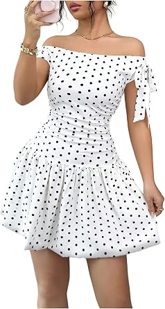 Floerns Womens Polka Dots Bubble Dress Off The Shoulder Tie Side Going Out Mini Dresses