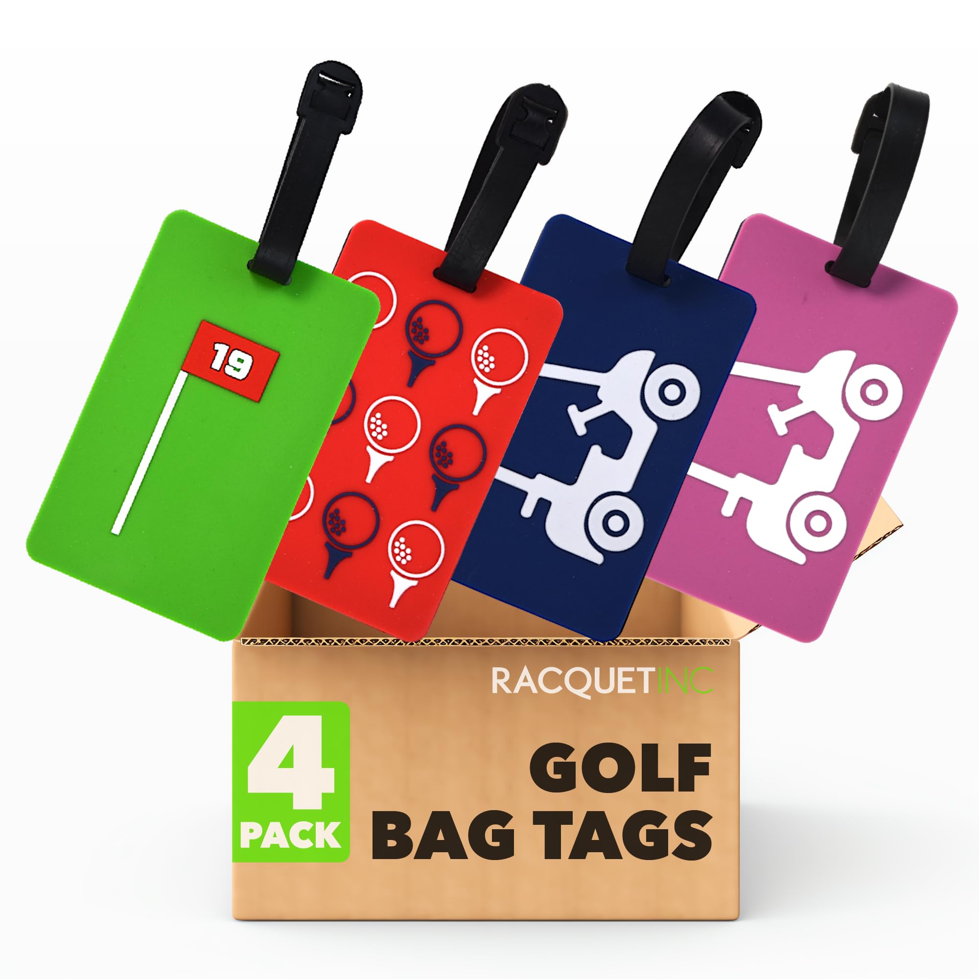 Bag Tag – Golf, Pickleball, Tennis Racquet Shape, Flexible & Waterproof Silicone Luggage Tag, Secure Strap for Bag Identification, Great Tennis Gift for Players & Enthusiasts (Golf (4-Pack))