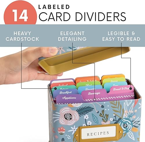 Miniatura 6 de Jot & Mark Recipe Card Gift Box, 25 4x6 inch Cards, 14 Dividers, Decorative Tin Box - Recipe Tin Jardín floral