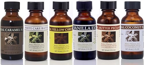 Bakto Flavors Paquete combinado de batido de proteínas, botellas de 1 onza, paquete de 6 CARAMEL, VAINILLA, BATTERA DE PASTEL BLANCO, PASTEL