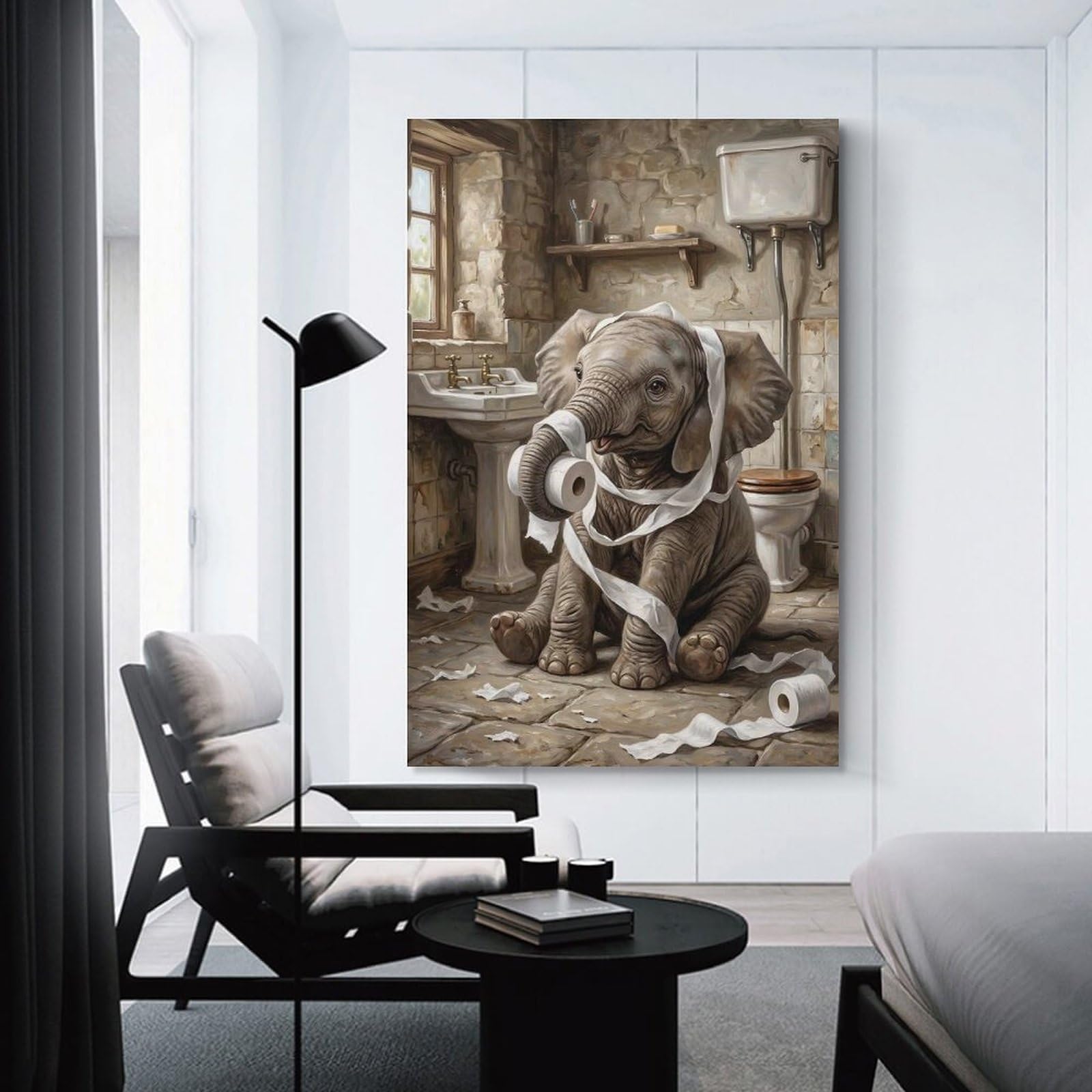 Junmoney Baby Elephant in Bathroom with Toilet Paper Wall Art Print, 20x30inch(50x75cm), for Living Spaces, Bedrooms Or Relaxed Rooms, Decorative Artwork for Empty Walls