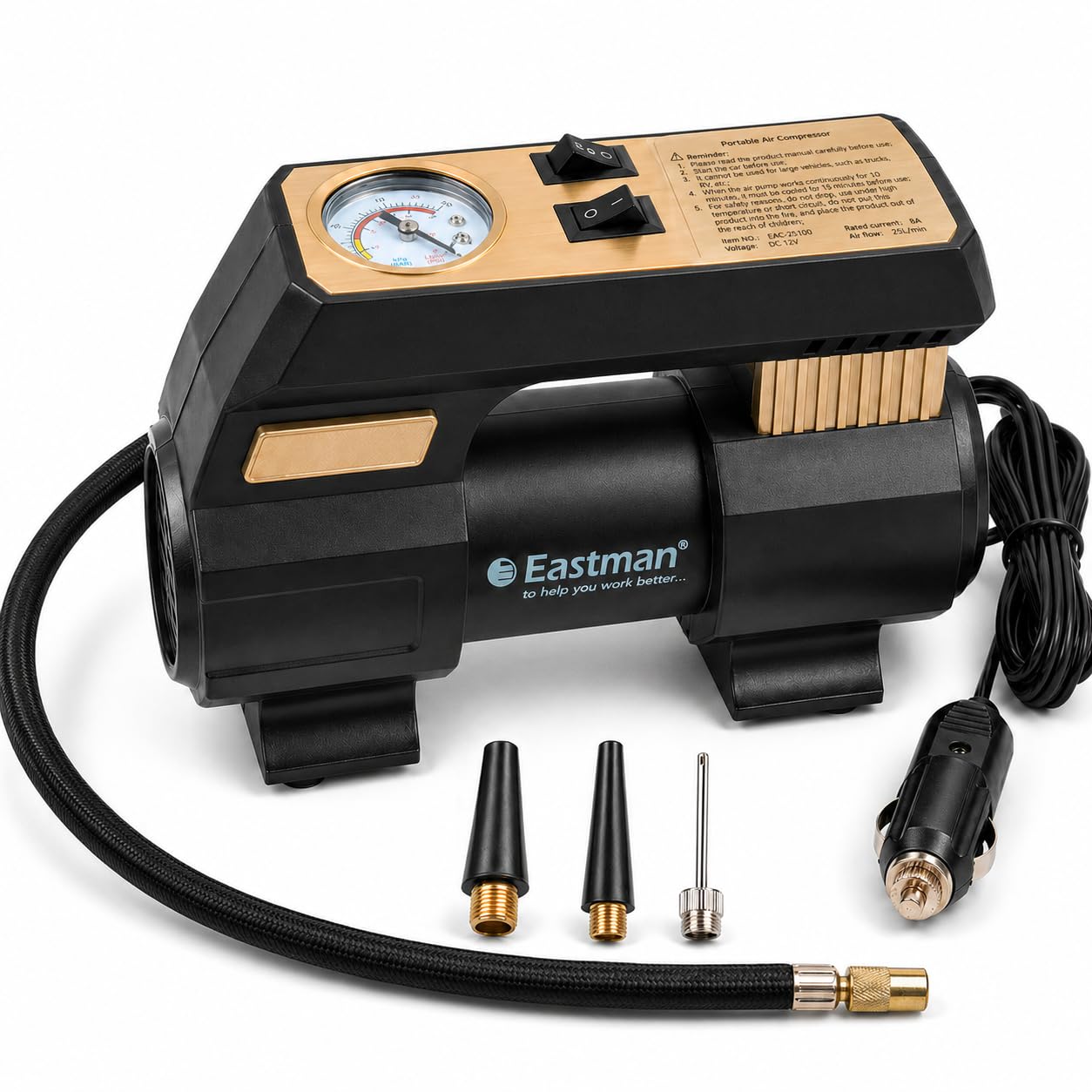 EASTMAN 12V Portable Double Piston Air Compressor Pump with LED Light | 100 PSI, 20 L/Min, Emergency Alligator Clamp | Heavy Duty Tyre Inflator for Car, Bike, SUV & Sports Equipment (EAC-25100)-image-25